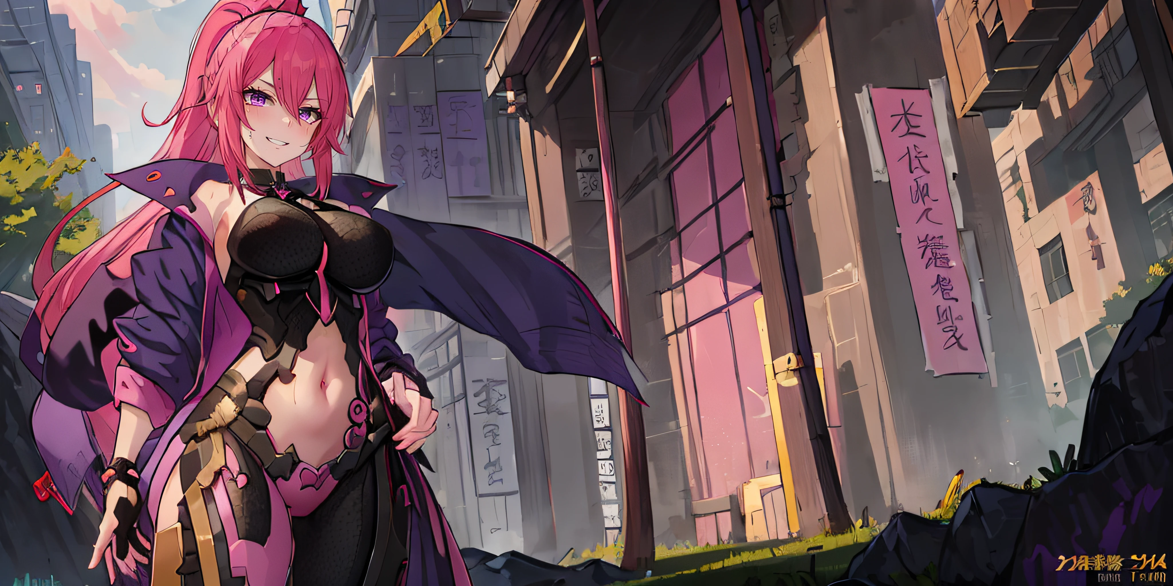 Frigg, Ponytail, (pink hair, purple eyes:1.4), a woman in a uniform posing for a picture, a 3D render, inspired by Pu Hua, shin hanga, her belly button is exposed, 4k post, sui ishida with black hair, gilded black uniform, neo noire, super detailed picture, detailed full body, 4 k ]