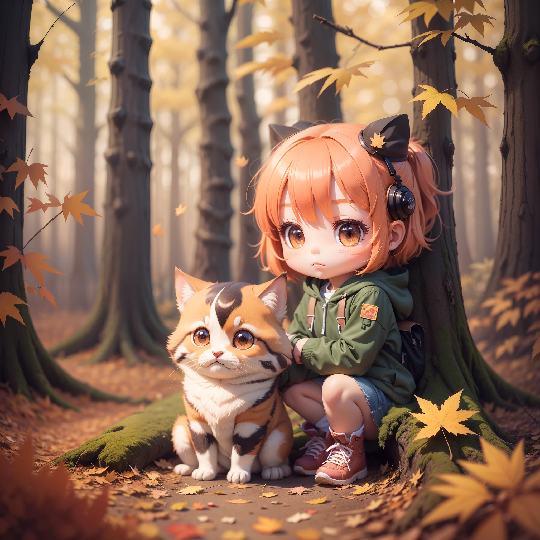 3D rendering, Q printmaking style,chibi,SOLO,A cute girl sticker, Maple forest in autumn,Scattered maple leaves,Soft sunshine,Soft light
