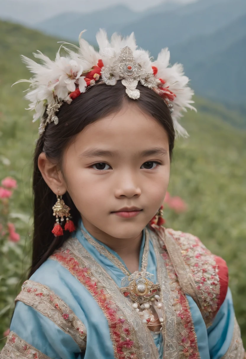 A cute 8--old o kid,Miailver headdress, wearing traditional silver jewelry and colorful embroidered clothing, stands amidst the blooming wildflowers. In the background, a misty blue mountain range extends towards the horizon, with Anne Leibowitz's memorable intimate works as the clue. Using Canon EOS R5 and Canon EF 85mm f/1.2L II USM lenses, wide angle shallow depth of field, focusing on complex details of jewelry and clothing, soft light, and gentle breeze