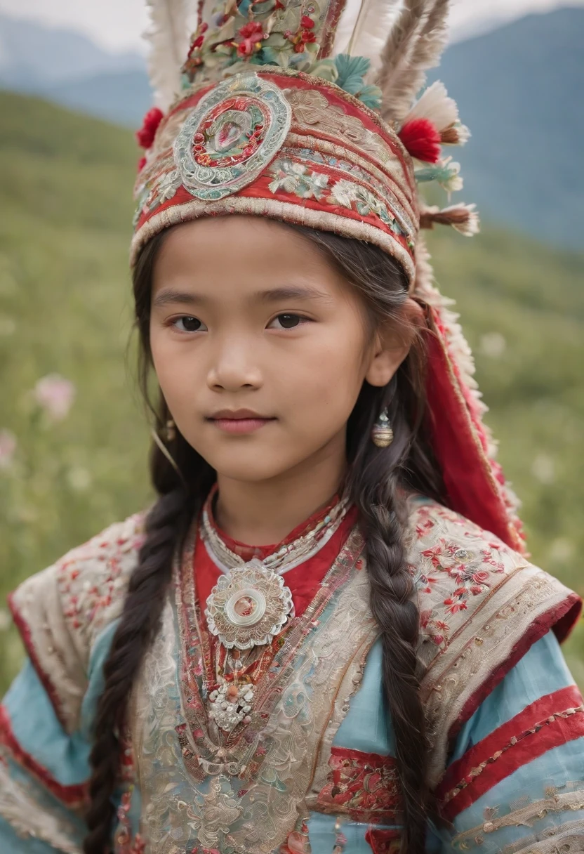 A cute 8-year-old Miao kid,Miao silver headdress, wearing traditional silver jewelry and colorful embroidered clothing, stands amidst the blooming wildflowers. In the background, a misty blue mountain range extends towards the horizon, with Anne Leibowitz's memorable intimate works as the clue. Using Canon EOS R5 and Canon EF 85mm f/1.2L II USM lenses, wide angle shallow depth of field, focusing on complex details of jewelry and clothing, soft light, and gentle breeze