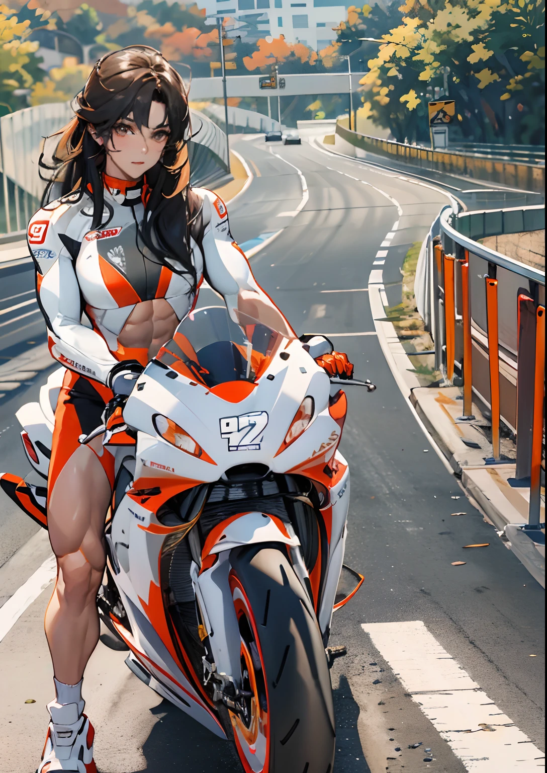 Highway, a sexy girl, Wearing a white and red rider suit, Ride a MotoGP motorcycle down the highway, muscular, muscular back, wide hips