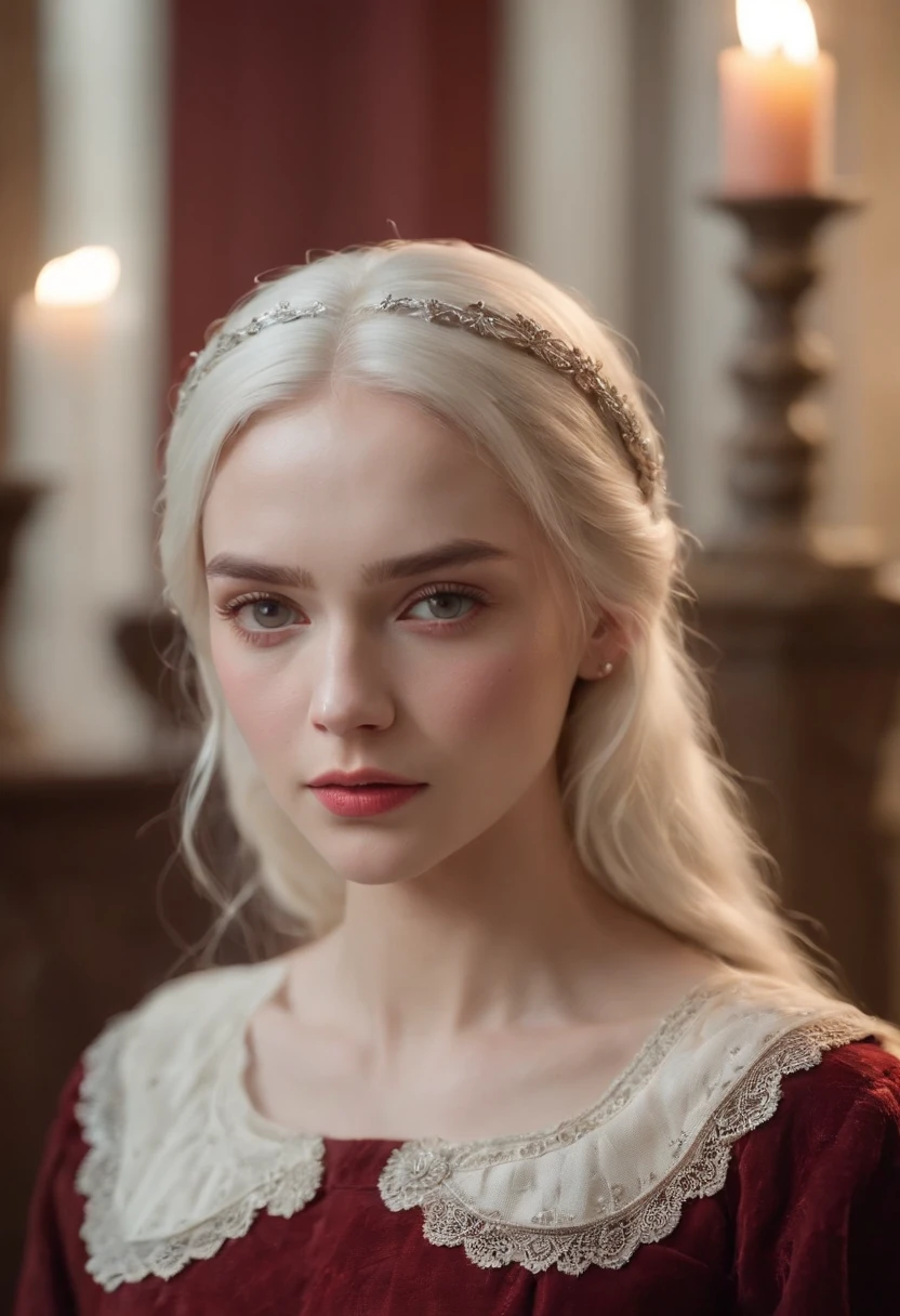 (((A deep, red wound crosses her left cheek))) White complexion, Women around 19 years of age, Natural white hair, Unique green eyes, Wearing a call, Slender and elegant, beautiful, Candles in the Middle Ages, ultra sharp focus, Realistic shots, Medieval women's clothes, Tetradic color (scar:1.4)