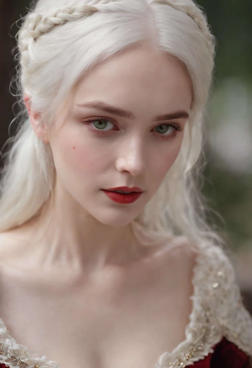 (((A deep, red wound crosses her left cheek))) White complexion, Women around 19 years of age, Natural white hair, Unique green eyes, Wearing a call, Slender and elegant, beautiful, Candles in the Middle Ages, ultra sharp focus, Realistic shots, Medieval women's clothes, Tetradic color (scar:1.4)