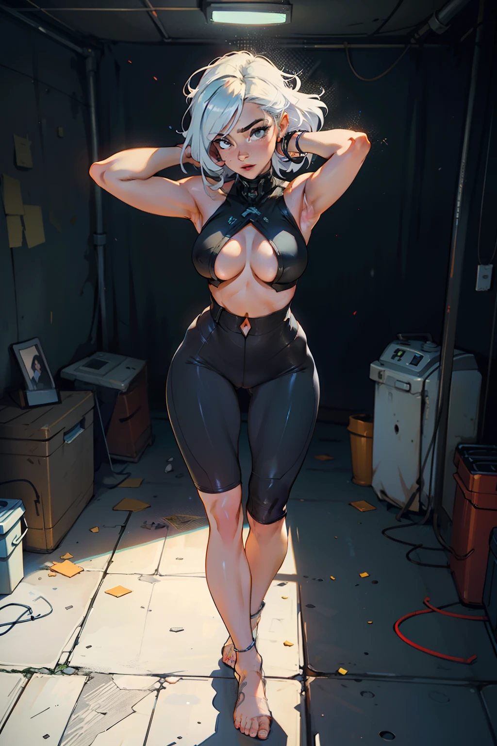 (((adult woman))), ((Best quality)), ((masterpiece)), (detailed: 1.4), (Absurd), warrior muscular adult woman of 35 years with micro thong in the style of Simon Bisley, perfect body, bare thighs, neckline, large breasts, nsfw, big breasts, hard nipples, perky tits, nip-slip, visible areolas, visible nipples, topless, thick thighs, thigh gap, cameltoe, visible crotch, bare feet, naked feet, beautiful feet,blue 2-piece clothing, almost naked, long white hair, tattoo on the arms, cybernetic hand, pastel, centered, scale to fit the dimensions, HDR (High Dynamic Range), Ray Tracing,NVIDIA RTX,Super-Resolution,Unreal 5,Subsurface Dispersion, PBR Texture, Post-processing, Anisotropic Filtering, Depth of field, Maximum clarity and sharpness, Multilayer textures, Albedo and specular maps, Surface shading, Accurate simulation of light-material interaction, Perfect proportions, Octane Render, Two-tone lighting, Wide aperture, Low ISO, White balance, Rule of thirds, 8K RAW