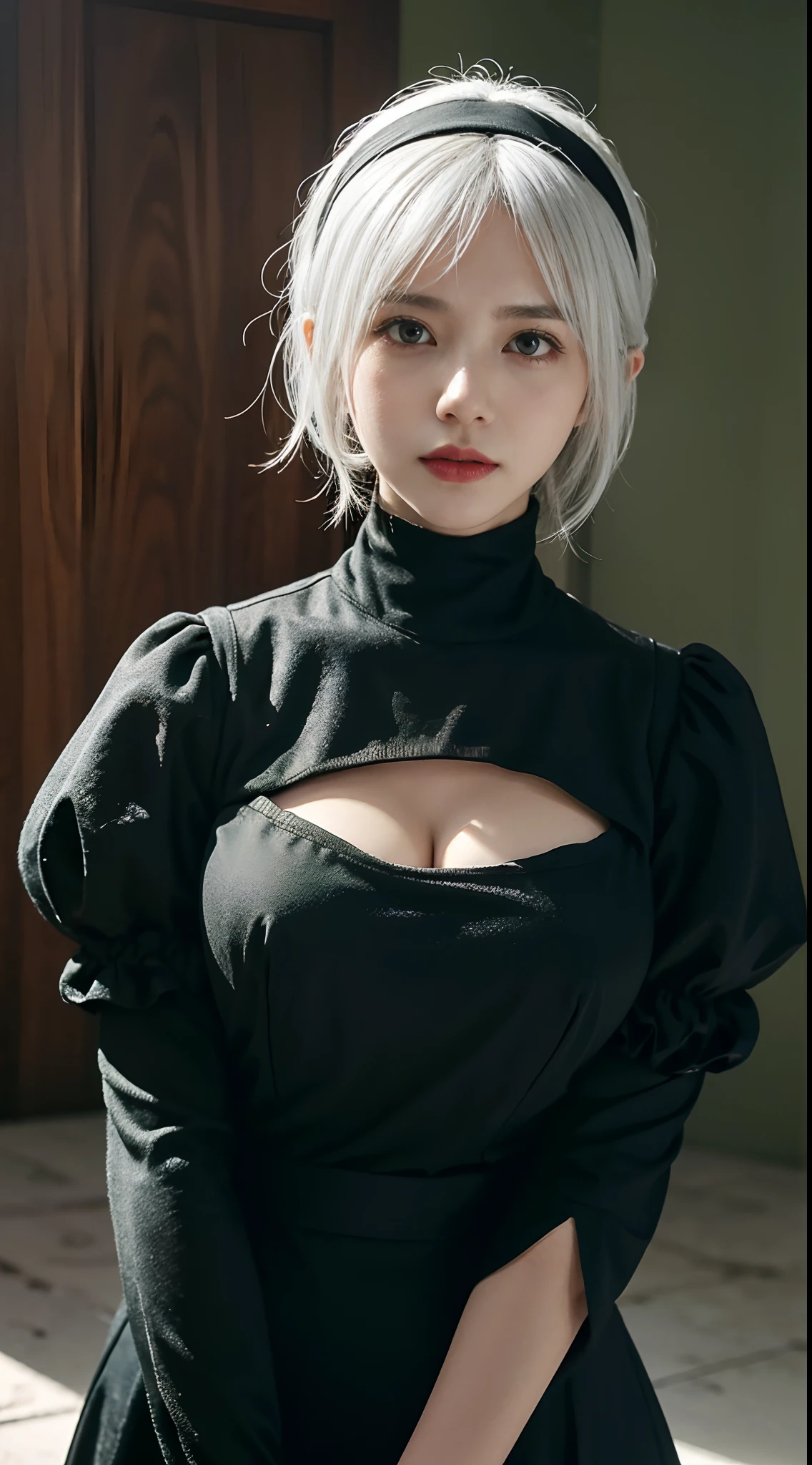 ((Masterpiece, Best quality)), (1girll), (Solo), (female focus), (ahoge, White hair, Short hair), Black eyes, ((long white robe)) standing, White background, arms back behind,In total, There are ten normal fingers,