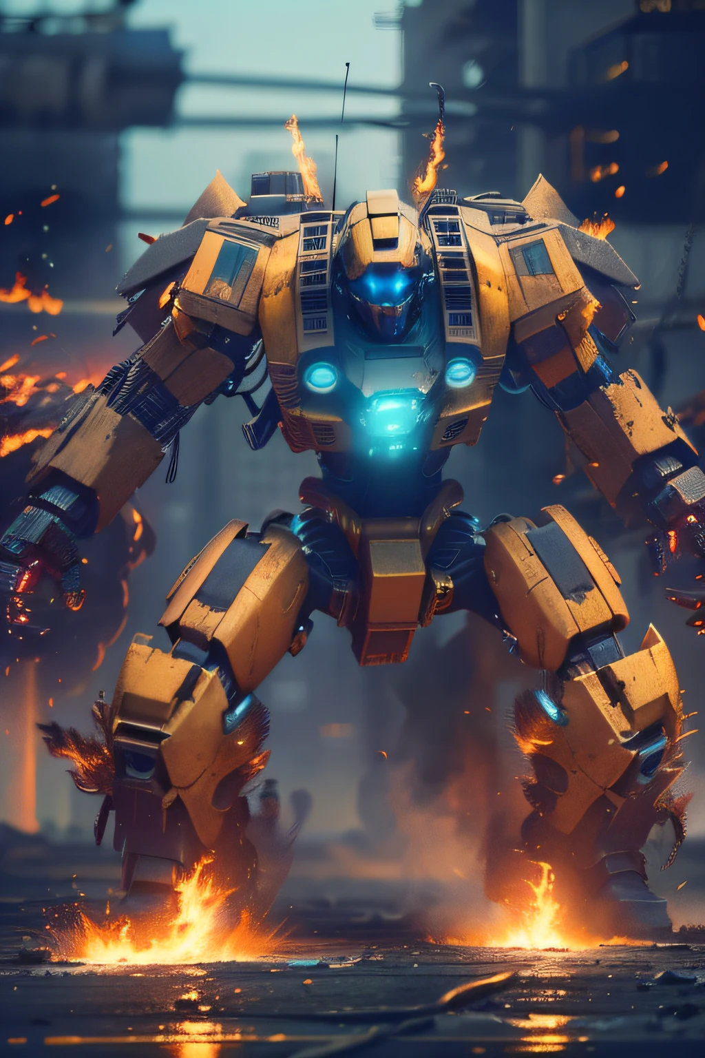 (Best quality,4K,8K,A high resolution,Masterpiece:1.2),Ultra-detailed,(Realistic,Photorealistic,photo-realistic:1.37),yellow mech,Mecha armor,Fighting mech,Mechanical precision,Glowing energy core,Metallic sheen,Explosive fire,Devastating attack,Heavy artillery weapons,epcot,废墟,chaos and destruction,Intense action,Electric blue lighting,neon accents,gritty atmosphere,shadows and highlights,Contrasting colors,Dramatic perspective,Emotionless expression, ,Power explosion.Half-human mech,Fire at enemy mechs,Destroy opponents