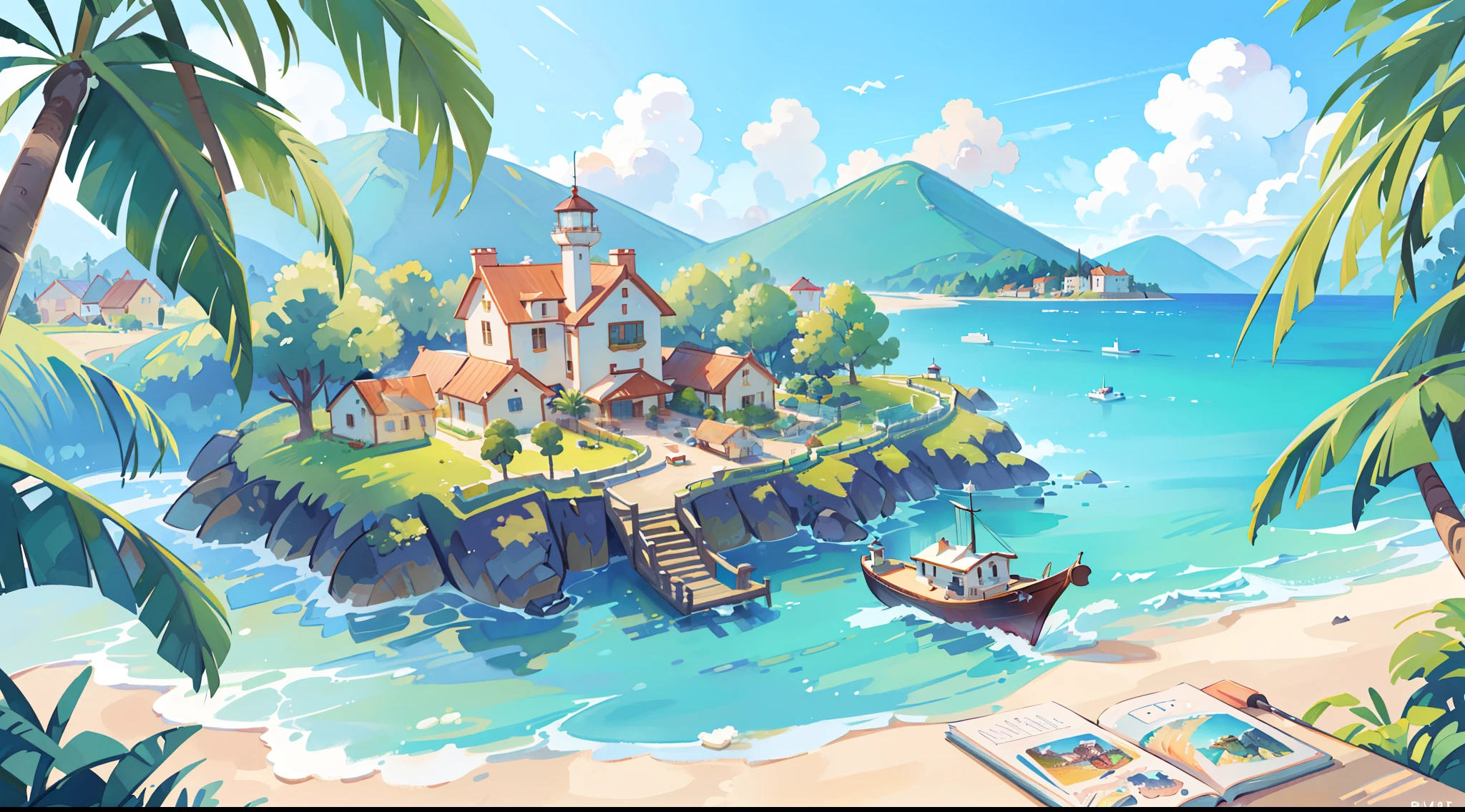 (best quality,4k,8k,highres,masterpiece:1.2),ultra-detailed,(realistic,photorealistic,photo-realistic:1.37),picture book illustration,ocean fantasy,watercolor illustration,extravagant and warm colors,village,houses,palm trees,huge lighthouse,highly detailed environment