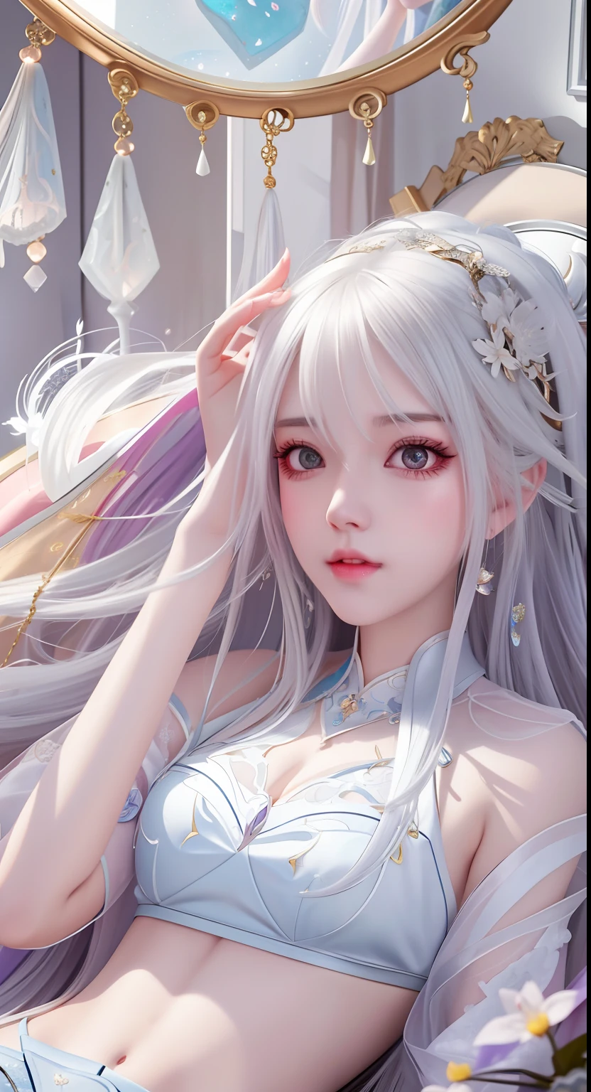 There was a woman with long hair lying on the bed holding a mirror, Guviz-style artwork, Guviz, trending on cgstation, Guweiz in Pixiv ArtStation, Guweiz on ArtStation Pixiv, IG model | Art germ, Girl with white hair, Fantasy art style, guweiz masterpiece