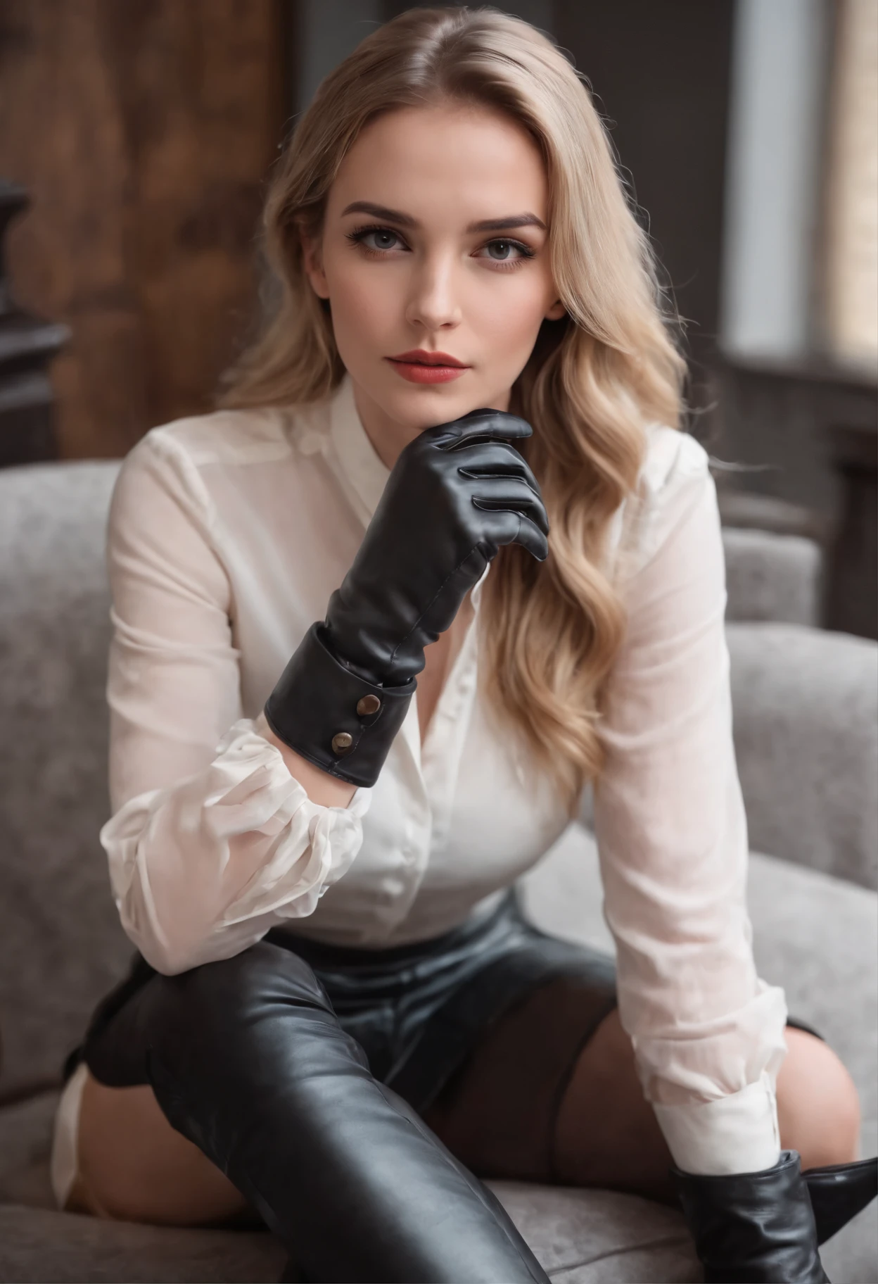 Black leather gloves with five fingers in both hands, black leather tight skirt, white blouse, black leather long boots, sitting on a leather chair with her feet aligned, both hands of leather gloves aligned on her knees, American blonde young actress with her hair tied