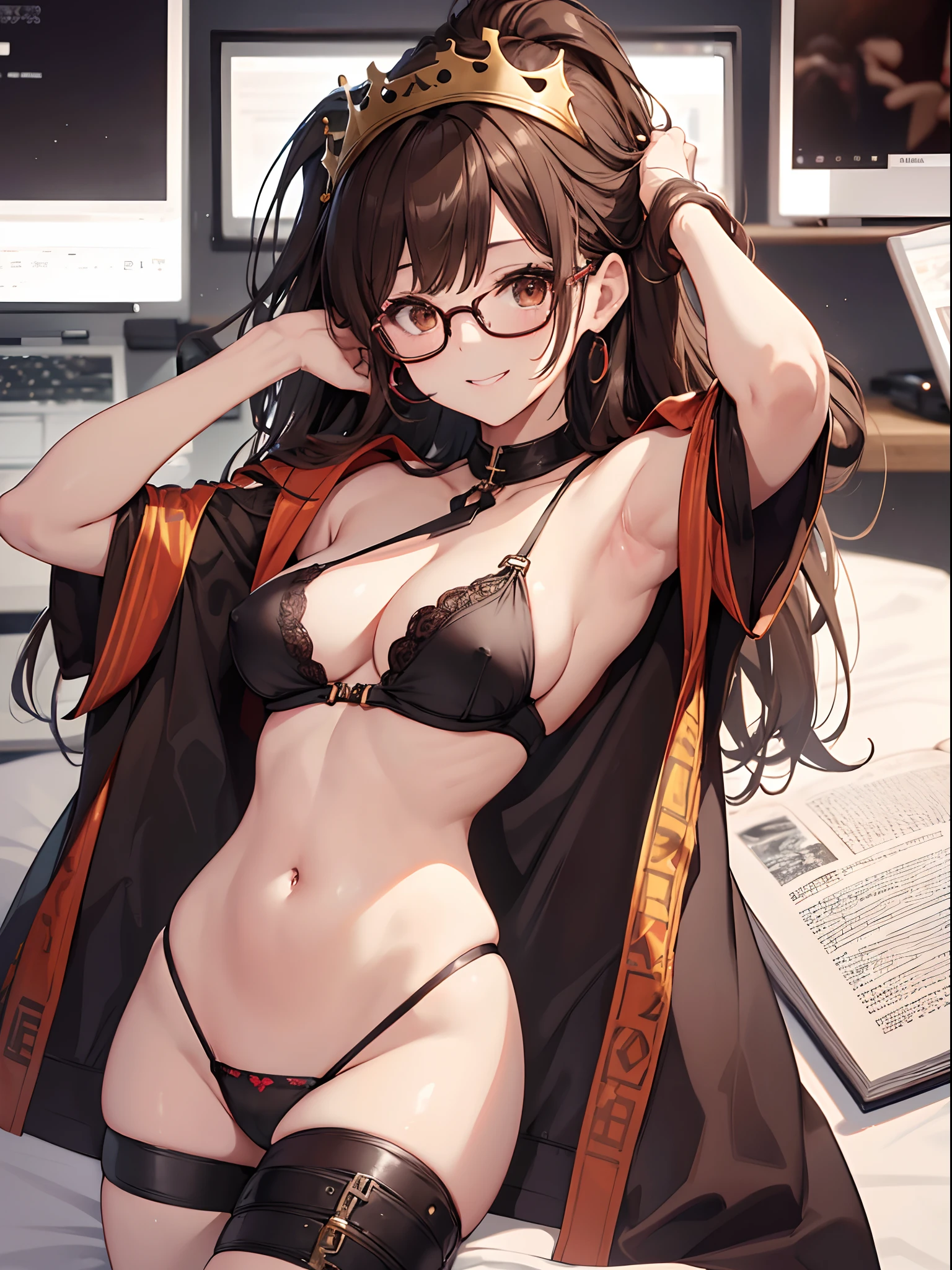 NSFW、1人の女性、brown haired(Curta)、Brown eyes、Black-rimmed glasses、Best Quality、ultra-detailliert、8K resolution、Raw photo、masutepiece、seductive boobs、gorgeous faces、Perfect body、a smile、Race Queen