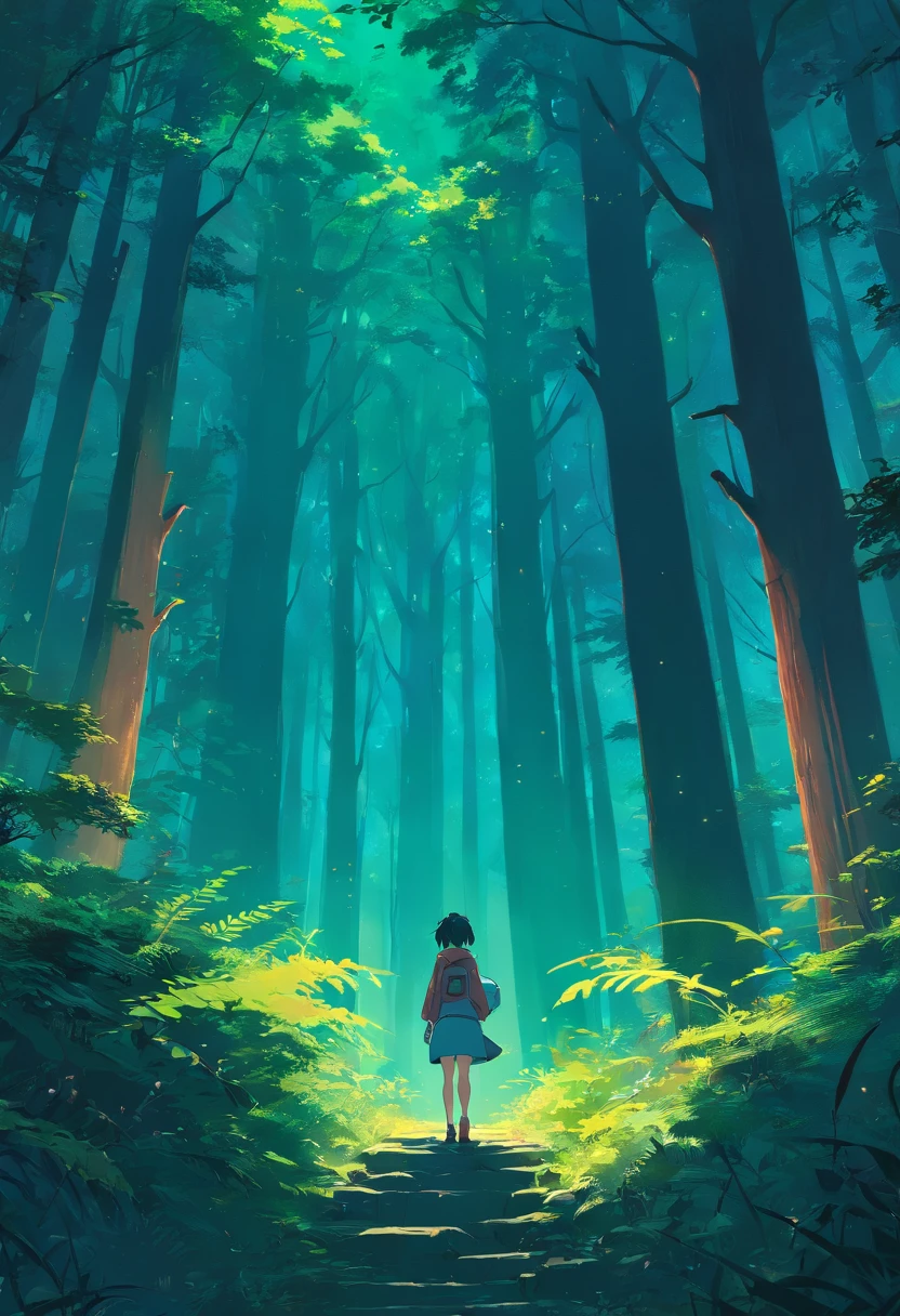 A girl standing in the middle of a forest looking at the sun - SeaArt AI