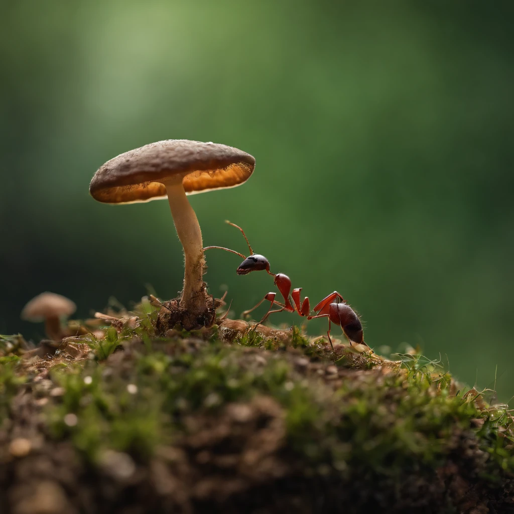 an ant on the top of mushroom