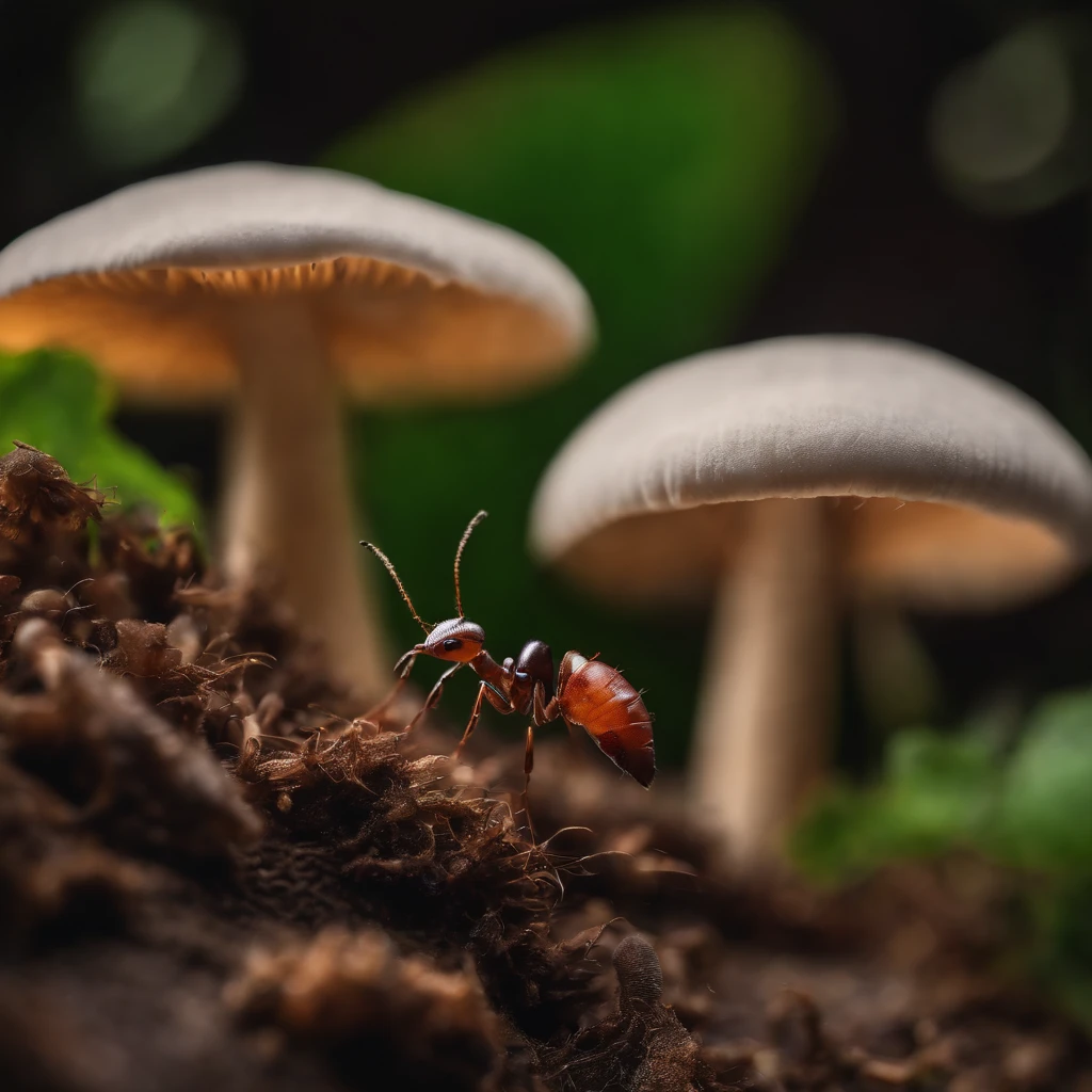 an ant on the top of mushroom