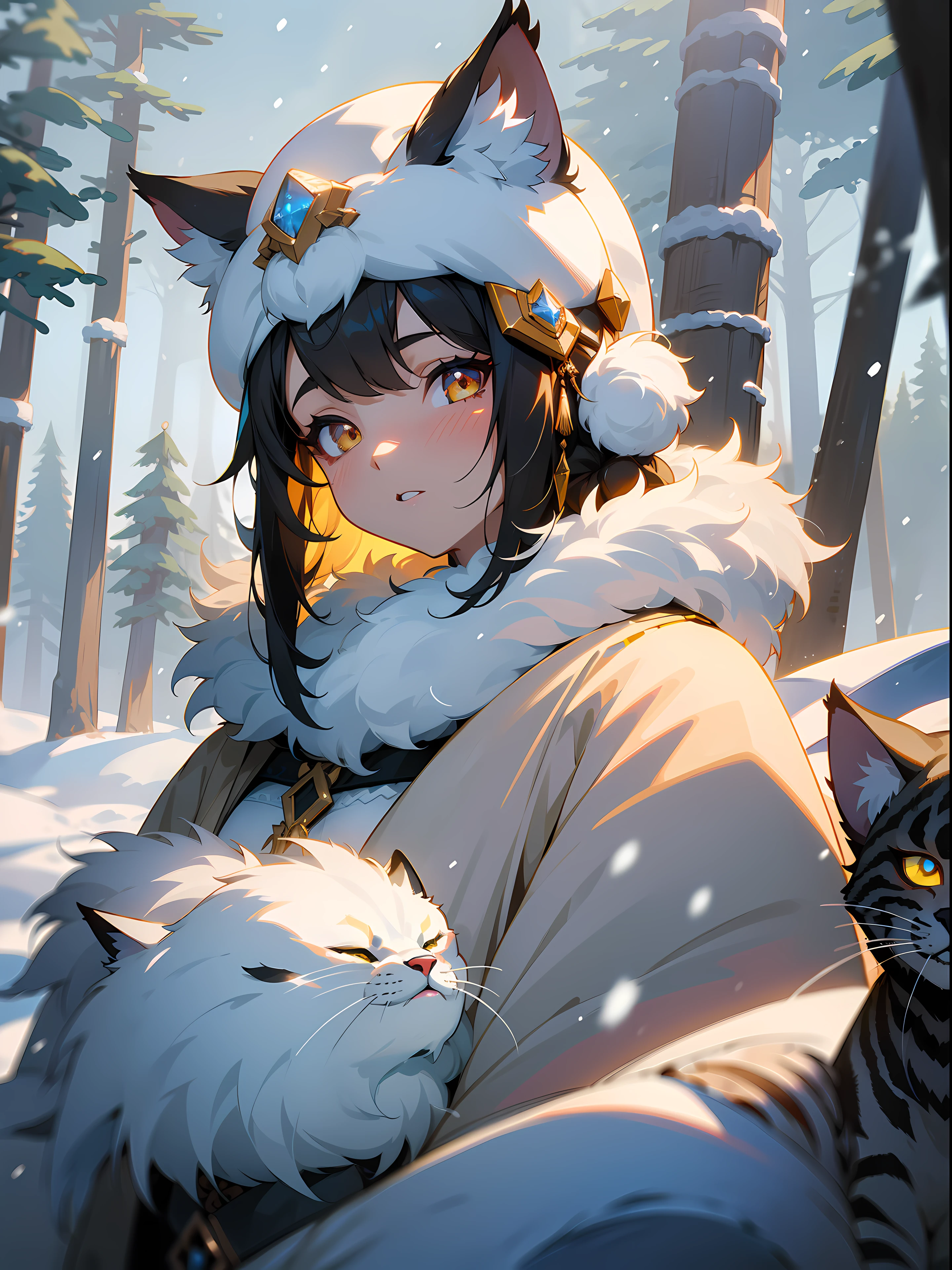 1girl, impact, (winter), blizzard, time stop, sci fi, (tribal cat), (eskimo), animal ear fluff, fur trim, clouds, tan skin, (feather headdress), masterpiece, top tier, extravagant, 8k, unity wallpaper, unreal engine 5, ray tracing, 8k, cinematic, varied depth of field, octane render, elegant, tone mapping, hyper focus, parted lips, upperbody, (black), dappled sunlight, (snowing), nature, winter coat, upper body, (morning glow), lighthouse, gold eyes, horizon, picturesque scenery, mountain, forest, looking at viewer, (tundra)