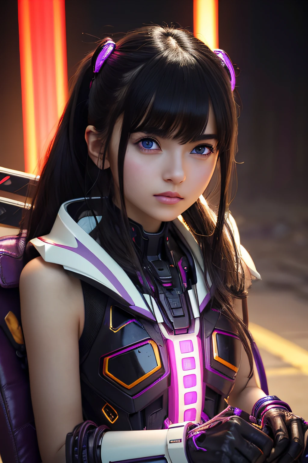 Top Quality, Masterpiece, Ultra High Resolution, (Photorealistic: 1.4), Raw Photo, 1 Girl, Black Hair, Glossy Skin, 1 Mechanical Girl, (Ultra Realistic Detail)), Portrait, Global Illumination, Shadows, Octane Rendering, 8K, Ultra Sharp, Big, Cleavage Exposed Raw Skin, Metal, Intricate Ornament Details, Japan Details, Very intricate details, realistic light, CGSoation trend, purple eyes, glowing eyes, facing the camera, neon details, mechanical limbs, blood vessels connected to the tube, mechanical vertebrae attached to the back, mechanical cervical attachment to the neck, sitting, wires and cables connecting to the head, gundam, small LED lamps,