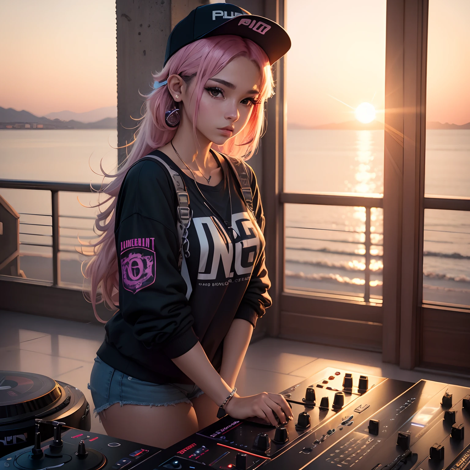 (nvinkpunk:1.2) (Estilo SNTHWVE:0.8), chica joven, gran trasero y grandes senos, DJ Eagle, auricular, Anthro, onda de luz, puesta del sol, intrincado, Altamente detallado, 8 k resolution, 32k resolution