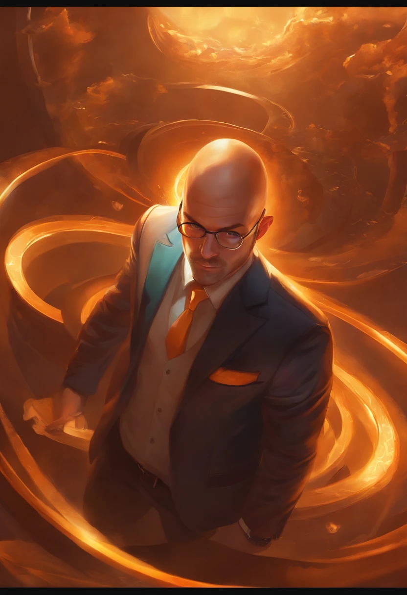 Orange 00D, (The art of Jason Rhodes:1.2), Aerial photograph of a round male investigator, Baldness is styled as curls, Sunny, Caustics, league of legends splashart, trending on artstationh,