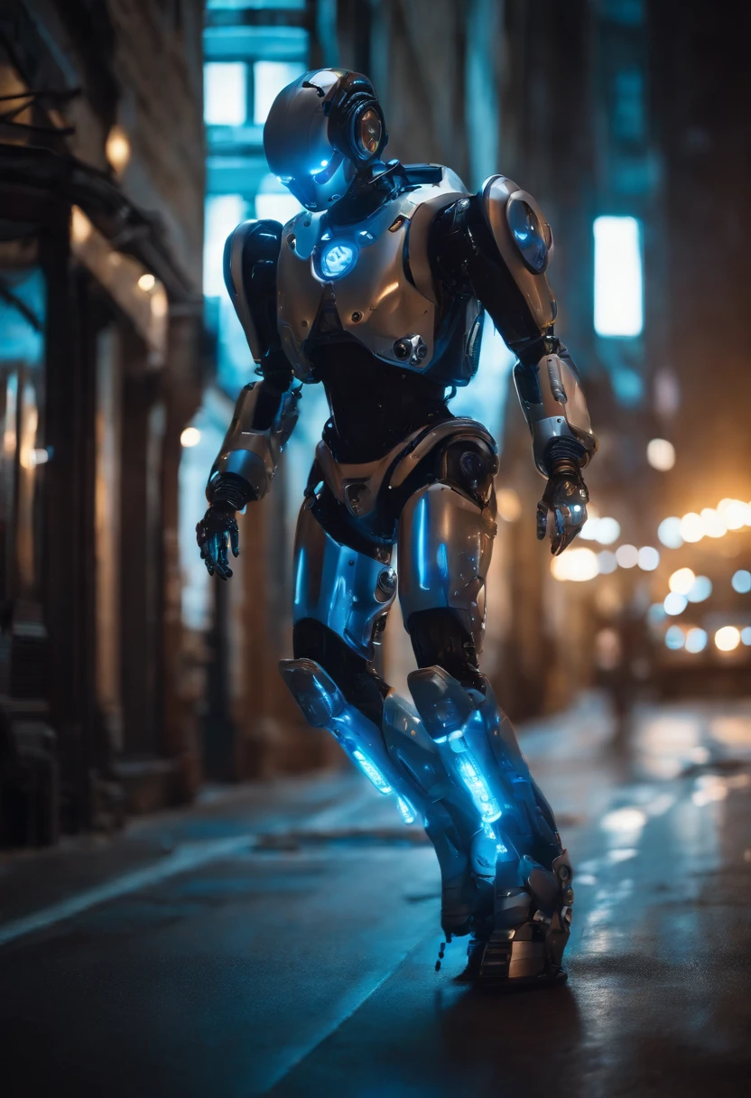 a person wearing a robot suit with 4 mechanical arms and blue glows surrounding them, the person wearing the robot suit is being beaten, (full body)
