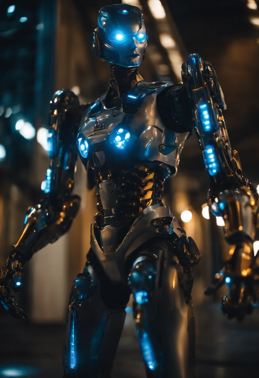 a person wearing a robot suit with 4 mechanical arms and blue glows surrounding them, the person wearing the robot suit is being beaten, (full body)