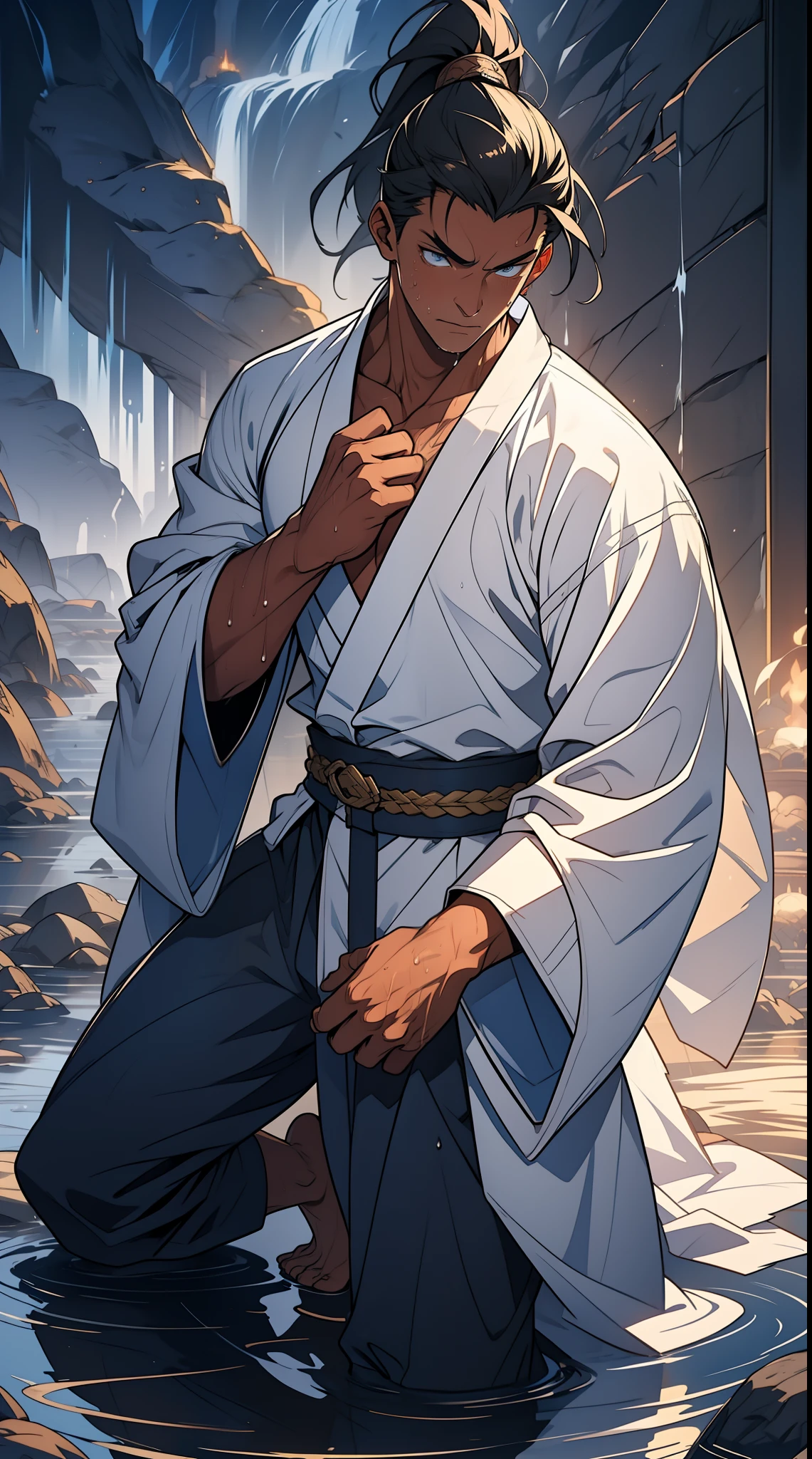 quadratic element,style of anime,mtu(Male Warrior),The proportions are correct,Face details,swordsmen,High ponytail hairstyle,Neck details,There is an Adam's apple,White robe,kaftan,long white robe,clothes details,Handing over,longer sleeves,Game quality,Swordsmanship,Light and shadow tracking,Ray traching,detailed glow,cg render,hair detail,cabelos preto e longos,blue colored eyes,Handsome,Handsome,(juvenile sense),Clothing is complicated,Perfectcomposition,Refinement,high qulity,higher details,Lots of details,The background is complex,a sense of atmosphere, 1 man,is shy,Pee on the legs,pissing,Urine runs down the thighs,embarressed,exhilarated,is shocked,panicking,worry,A small puddle of their own urine forms around the feet,full bodyesbian,kneels on the ground,Very eager to pee,It's uncomfortable,Wet yourself,Urine discharge, Sweaty crotch,Drenched,