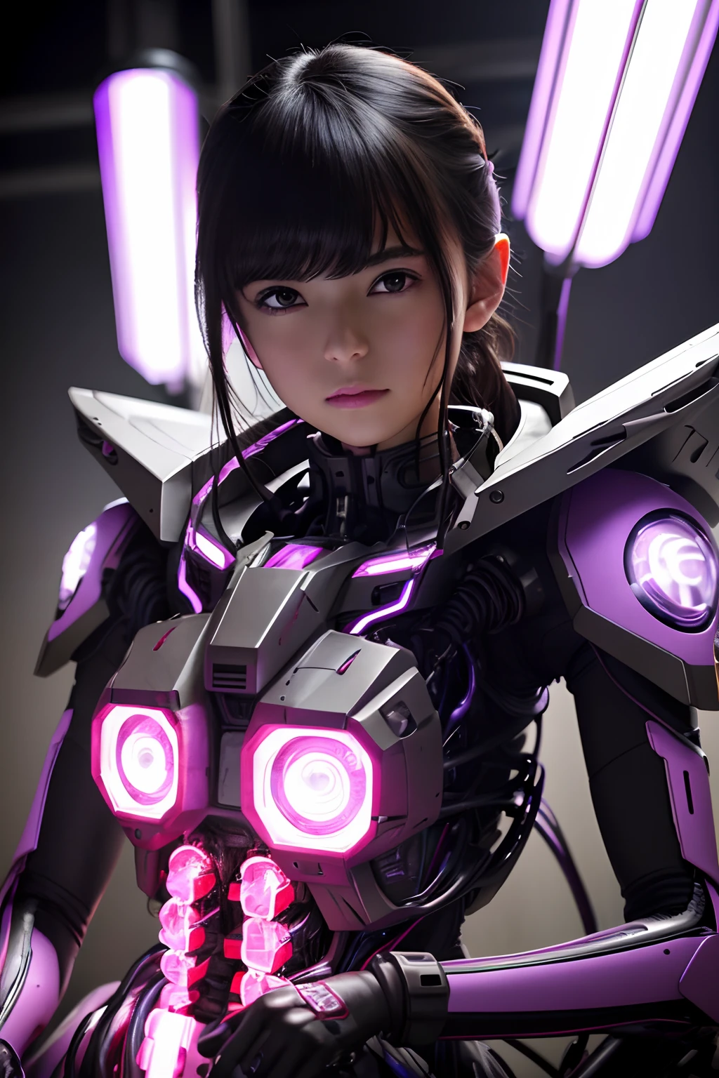 Top Quality, Masterpiece, Ultra High Resolution, (Photorealistic: 1.4), Raw Photo, 1 Girl, Black Hair, Glossy Skin, 1 Mechanical Girl, (Ultra Realistic Detail)), Portrait, Global Illumination, Shadows, Octane Rendering, 8K, Ultra Sharp, Big, Cleavage Exposed Raw Skin, Metal, Intricate Ornament Details, Japan Details, Very intricate details, realistic light, CGSoation trend, purple eyes, glowing eyes, facing the camera, neon details, mechanical limbs, blood vessels connected to the tube, mechanical vertebrae attached to the back, mechanical cervical attachment to the neck, sitting, wires and cables connecting to the head, gundam, small LED lamps,