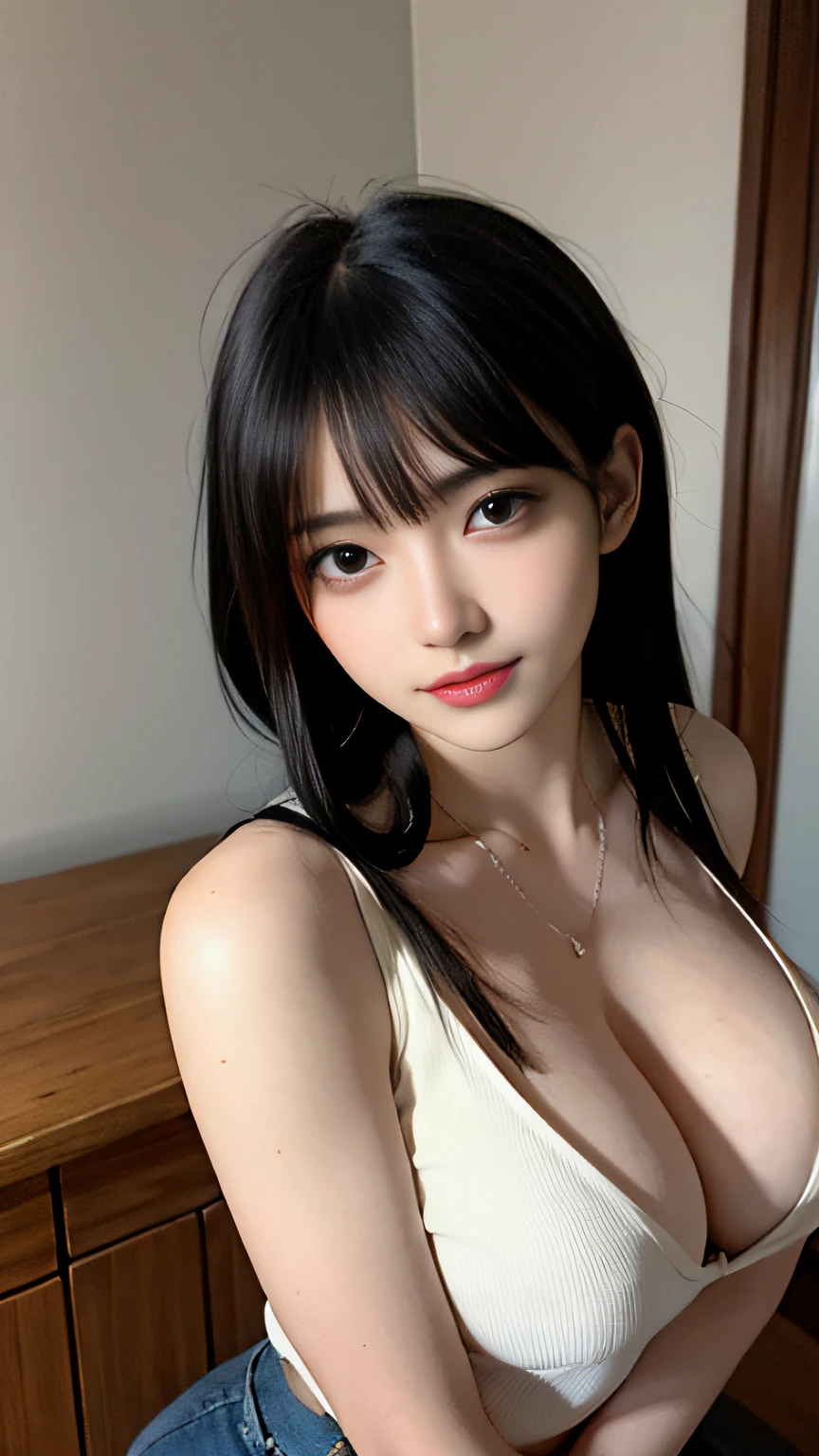 Lifelike， A high resolution：1.3）， 1 girl with a perfect body， Super fine face and eyes，long whitr hair， Tank top of random colors：1.2， short jeans pants， Bigboobs，Expose cleavage，A lamp looms over his chest，Extremely Delicately Beautiful，Delicate collarbones，beautiful make up，Exquisite and perfect facial features