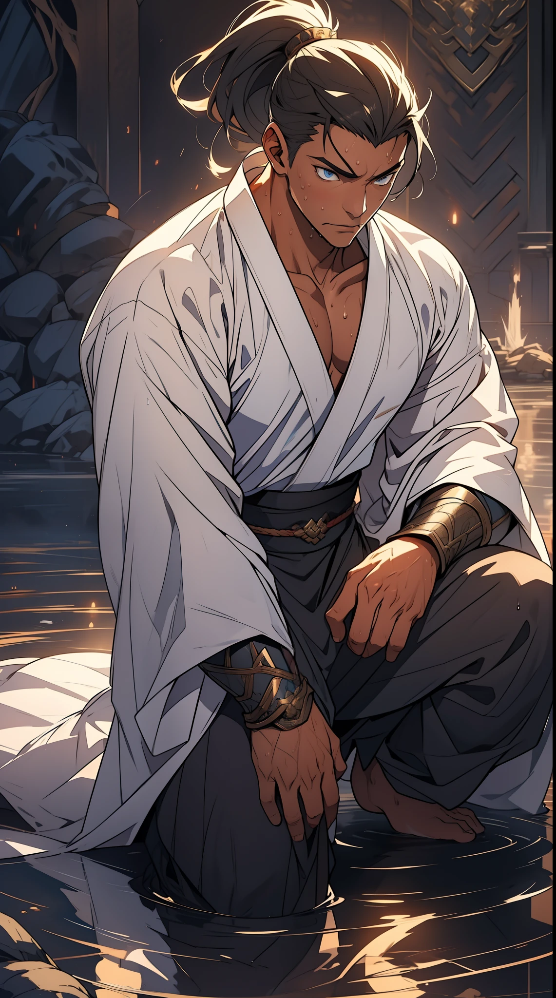 quadratic element，style of anime，mtu（Male Warrior），The proportions are correct，Face details，swordsmen，High ponytail hairstyle，Neck details，There is an Adam's apple，Black Hanfu，kaftan，Embroidered robes，Black robe，clothes details，Handing over，longer sleeves，Game quality，Swordsmanship，Light and shadow tracking，Ray traching，detailed glow，cg render，hair detail，long  white hair，Black eyes，Handsome，Handsome，（juvenile sense），Clothing is complicated，Perfectcomposition，Refinement，high qulity，higher details，Lots of details，The background is complex，a sense of atmosphere，