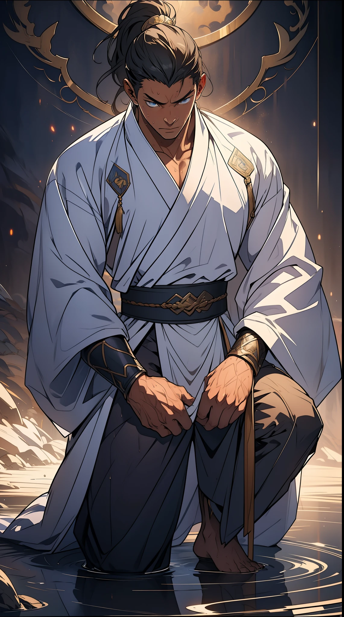 quadratic element，style of anime，mtu（Male Warrior），The proportions are correct，Face details，swordsmen，High ponytail hairstyle，Neck details，There is an Adam's apple，White robe，kaftan，long white robe，clothes details，Handing over，longer sleeves，Game quality，Swordsmanship，Light and shadow tracking，Ray traching，detailed glow，cg render，hair detail，cabelos preto e longos，blue colored eyes，Handsome，Handsome，（juvenile sense），Clothing is complicated，Perfectcomposition，Refinement，high qulity，higher details，Lots of details，The background is complex，a sense of atmosphere， 1 man，is shy，Pee on the legs，pissing，Urine runs down the thighs，embarressed，exhilarated，is shocked，panicking，worry，A small puddle of their own urine forms around the feet，full bodyesbian，kneels on the ground，Very eager to pee，It's uncomfortable，Wet yourself，Urine discharge， Sweaty crotch，Drenched，