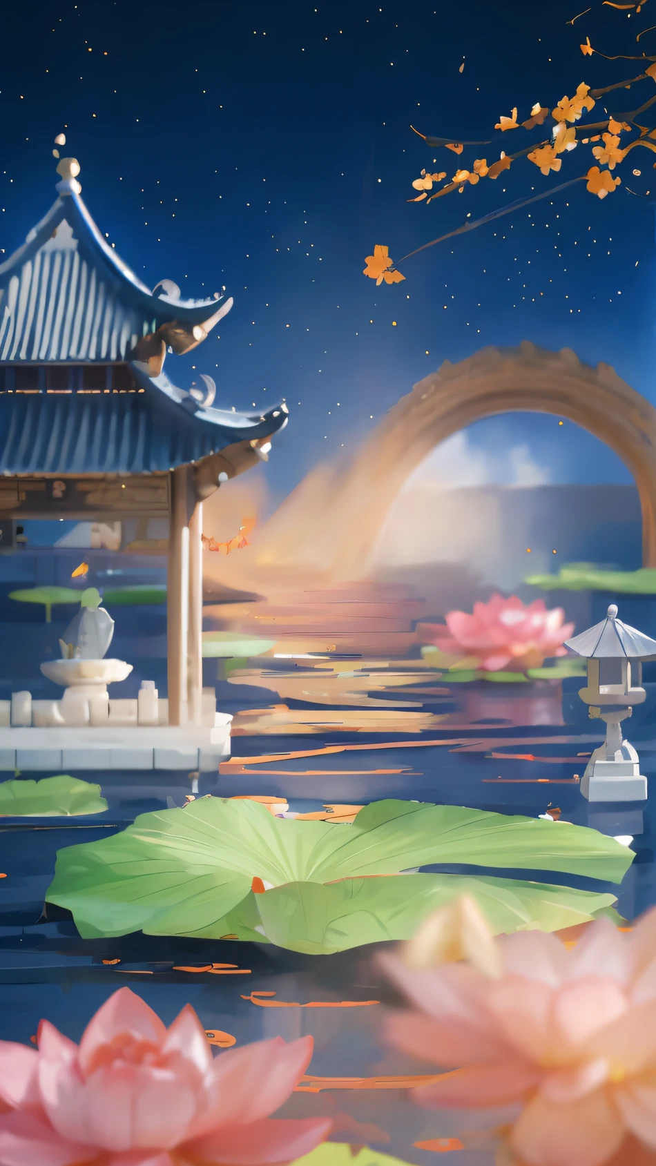There is a picture of a beautiful Asian landscape with bridges, Lotus pond, dreamy Chinese towns, Beautiful rendering of the Tang Dynasty, Zen temple background, Floating palace, Beautiful digital artwork, background artwork, Chinese fantasy, Magical background, floating chinese lampoons, fairy tale style background, dreamlike digital painting, arte de fundo, detailed dreamscape, Temple background
