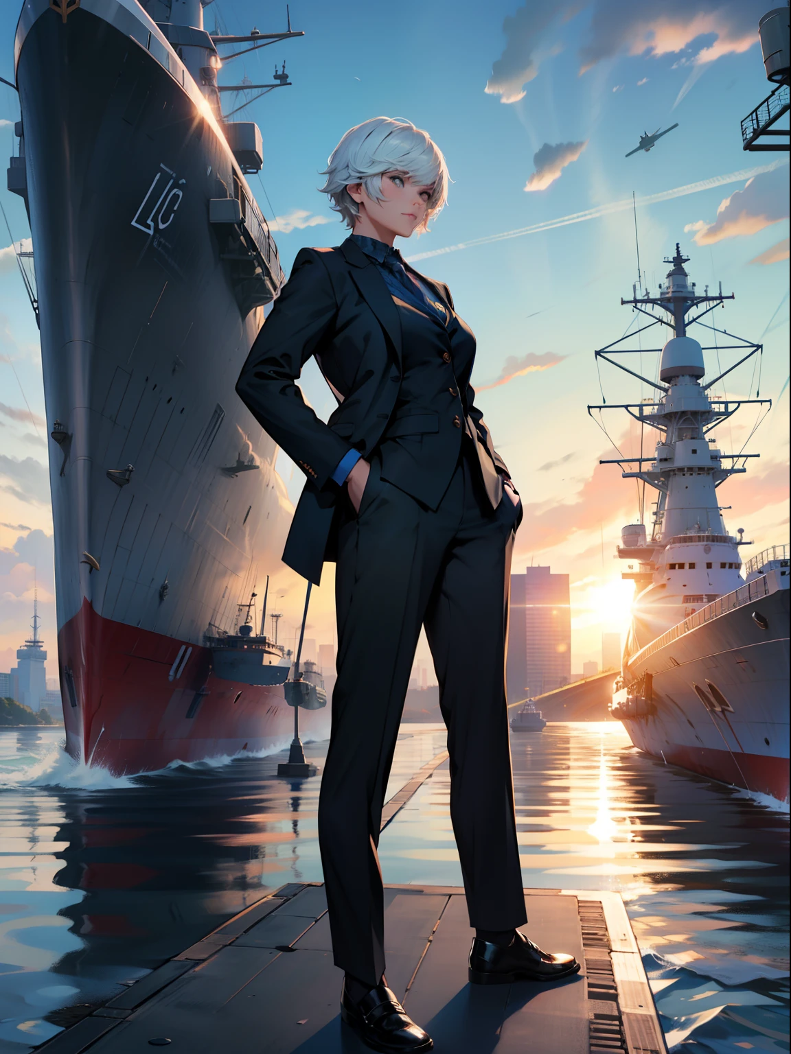 mtu,short detailed hair,Business suit,standing on your feet,Skysky,suns,warships