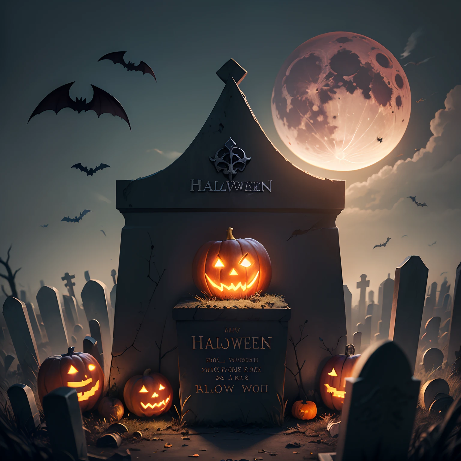 Halloween poster, graveyard, broken bones, bats, ray tracing, main tombstone, blood moon
