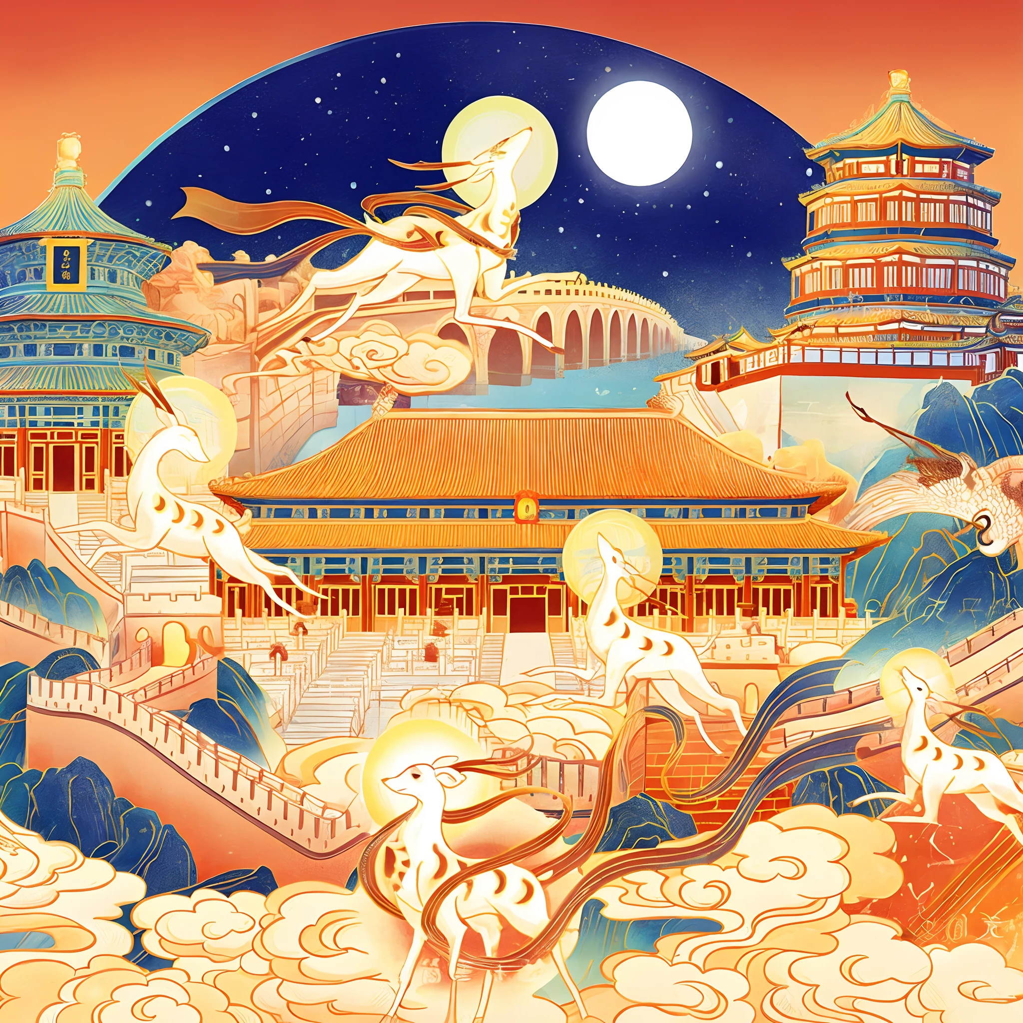 There is a Chinese landscape painting,There are animals and buildings, A beautiful artwork illustration, dreamland of chinese, an illustration of inspired by Victo Ngai, Chinese fantasy, palace floating in heaven, palace floating in the sky, ( ( victo ngai ) ), victo ngai style, chinese surrealism, jen bartel, colorful kitsune city, Chinese style painting