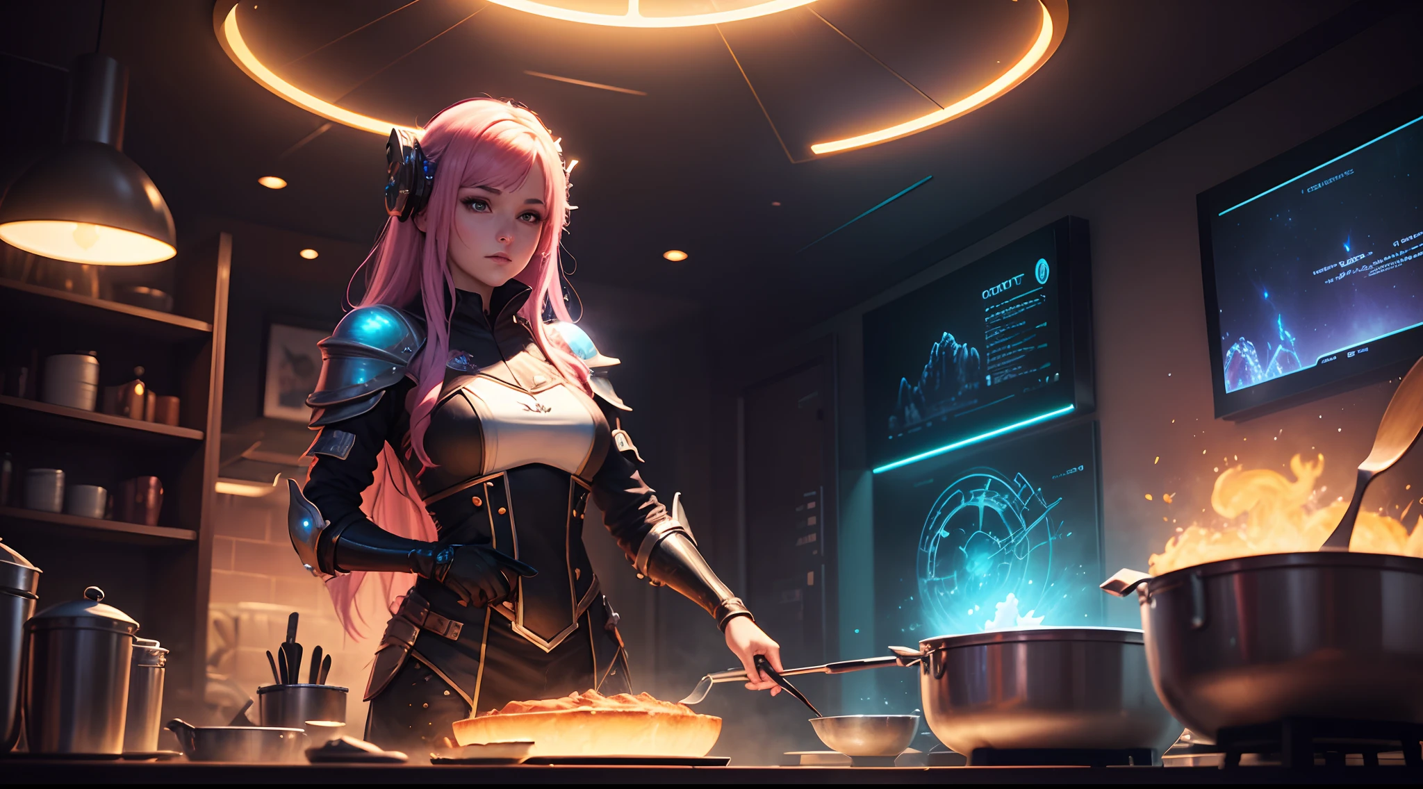 Fantasy Games, 2D Art, Neon Light Effects , The world of cooking, costumed Fantasy and sci-fi game, Galaxy background, The equipment is entirely extraterrestrial