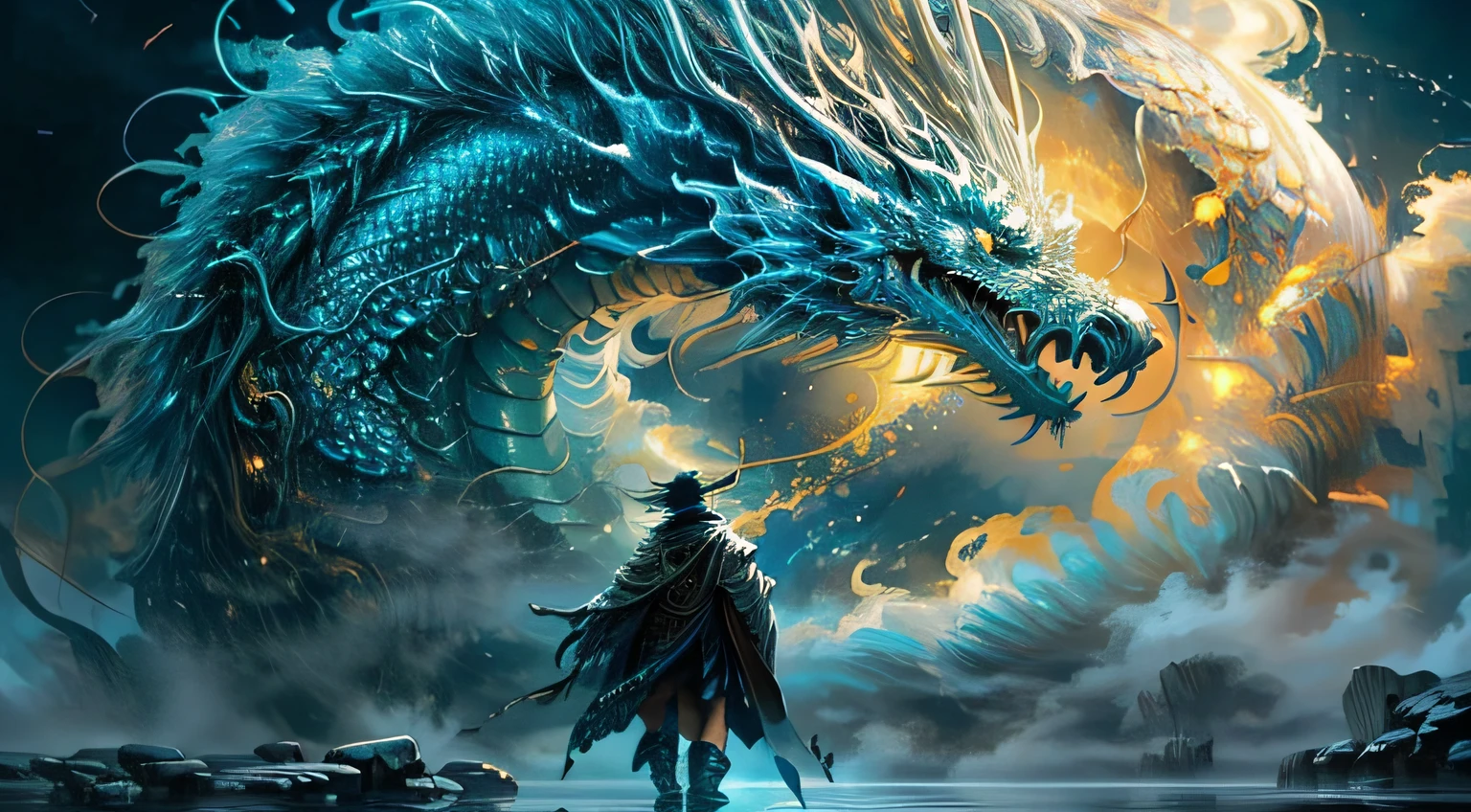 {best quality}, masterpiece, {highres}, original, extremely detailed 8K , photorealistic,intricate detail,, highlydetailed, ultra-detailed,ray tracing,(loong midair, flying,Looking at the camera,misty,fog, ), Dark clouds cover the sky,misty,(1boy,solo, long hair, holding sword, lightning surround, standing,fight), daoist, cinematic lighting, fire and ice split,daoist practice, spiral loong, cloud loong at the top,