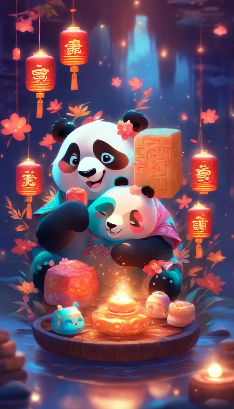 A cute panda,There are mooncakes in the paws, Children's illustration style, mid-autumn festival, Cute style, 2D, Cartoon style
