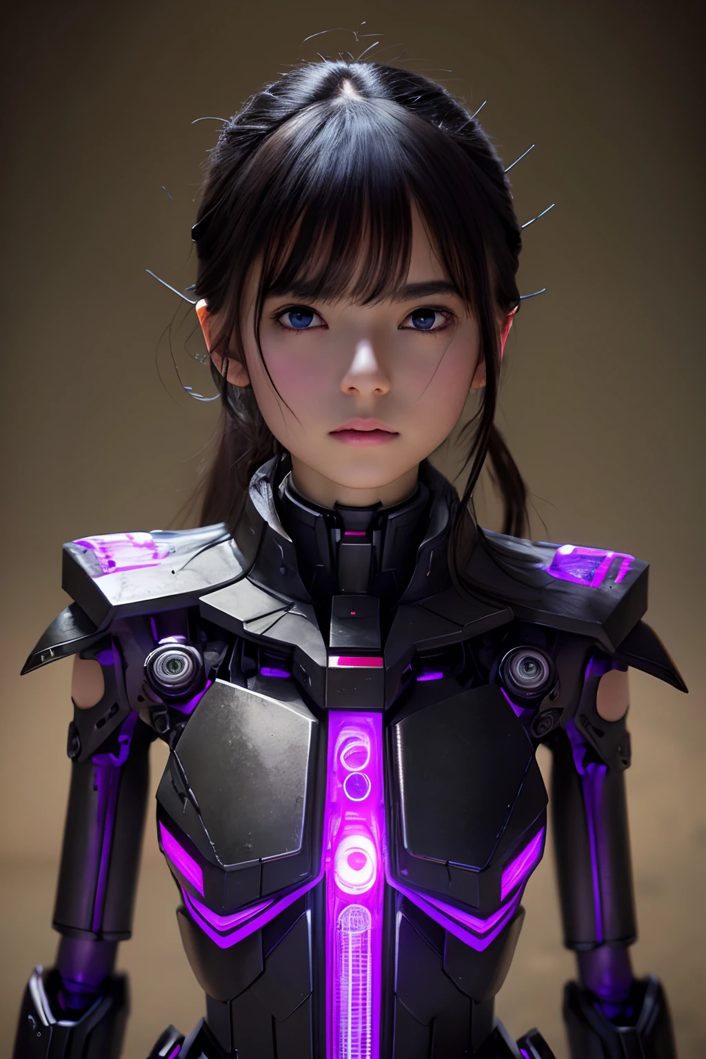 Top Quality, Masterpiece, Ultra High Resolution, (Photorealistic: 1.4), Raw Photo, 1 Girl, Black Hair, Glossy Skin, 1 Mechanical Girl, (Ultra Realistic Detail)), Portrait, Global Illumination, Shadows, Octane Rendering, 8K, Ultra Sharp, Big, Cleavage Exposed Raw Skin, Metal, Intricate Ornament Details, Japan Details, Very intricate details, realistic light, CGSoation trend, purple eyes, glowing eyes, facing the camera, neon details, mechanical limbs, blood vessels connected to the tube, mechanical vertebrae attached to the back, mechanical cervical attachment to the neck, sitting, wires and cables connecting to the head, gundam, small LED lamps,