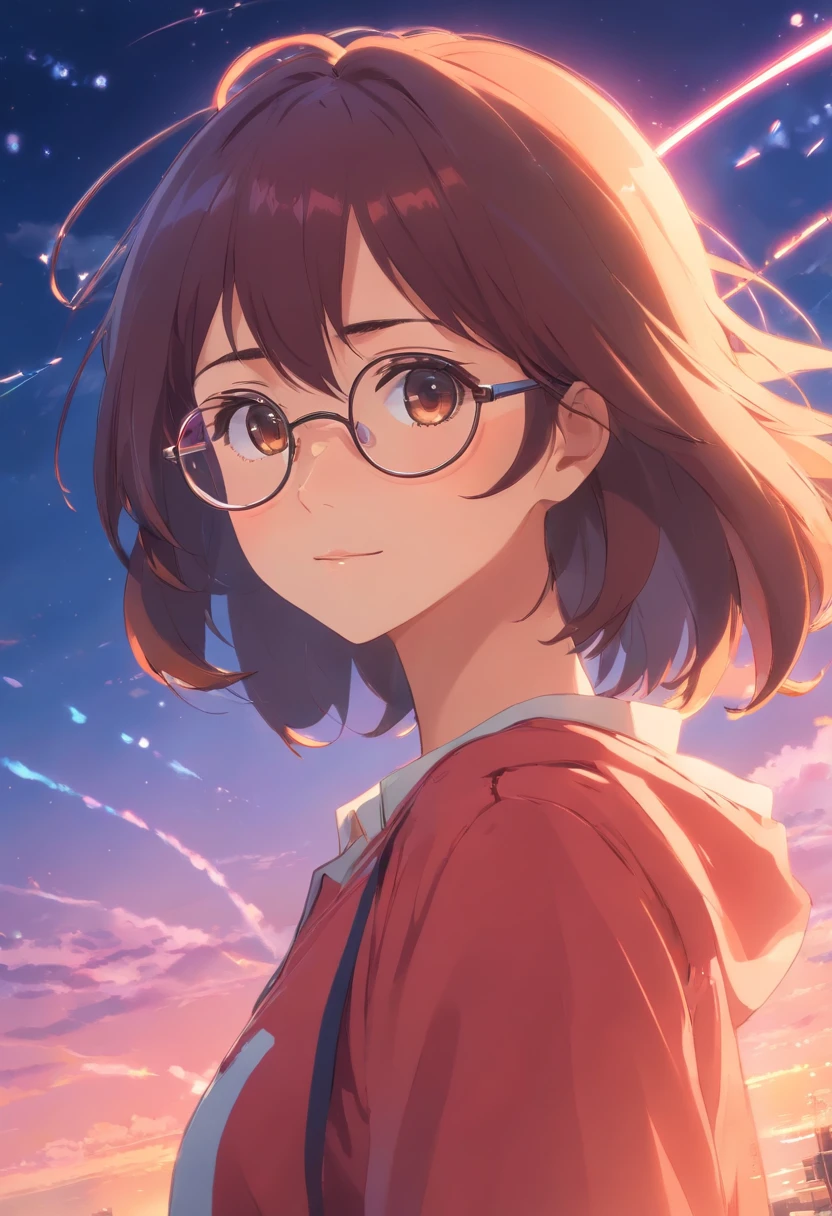 obra-prima, melhor qualidade, filme ainda, 1girl, garota nuvem, floating into the sky, close-up, brilhante, feliz, Soft lighting and Warm, sun sunset, (Sparks: 0,7),cabelo preto, round glasses,beijando menino de cabelo vermelho