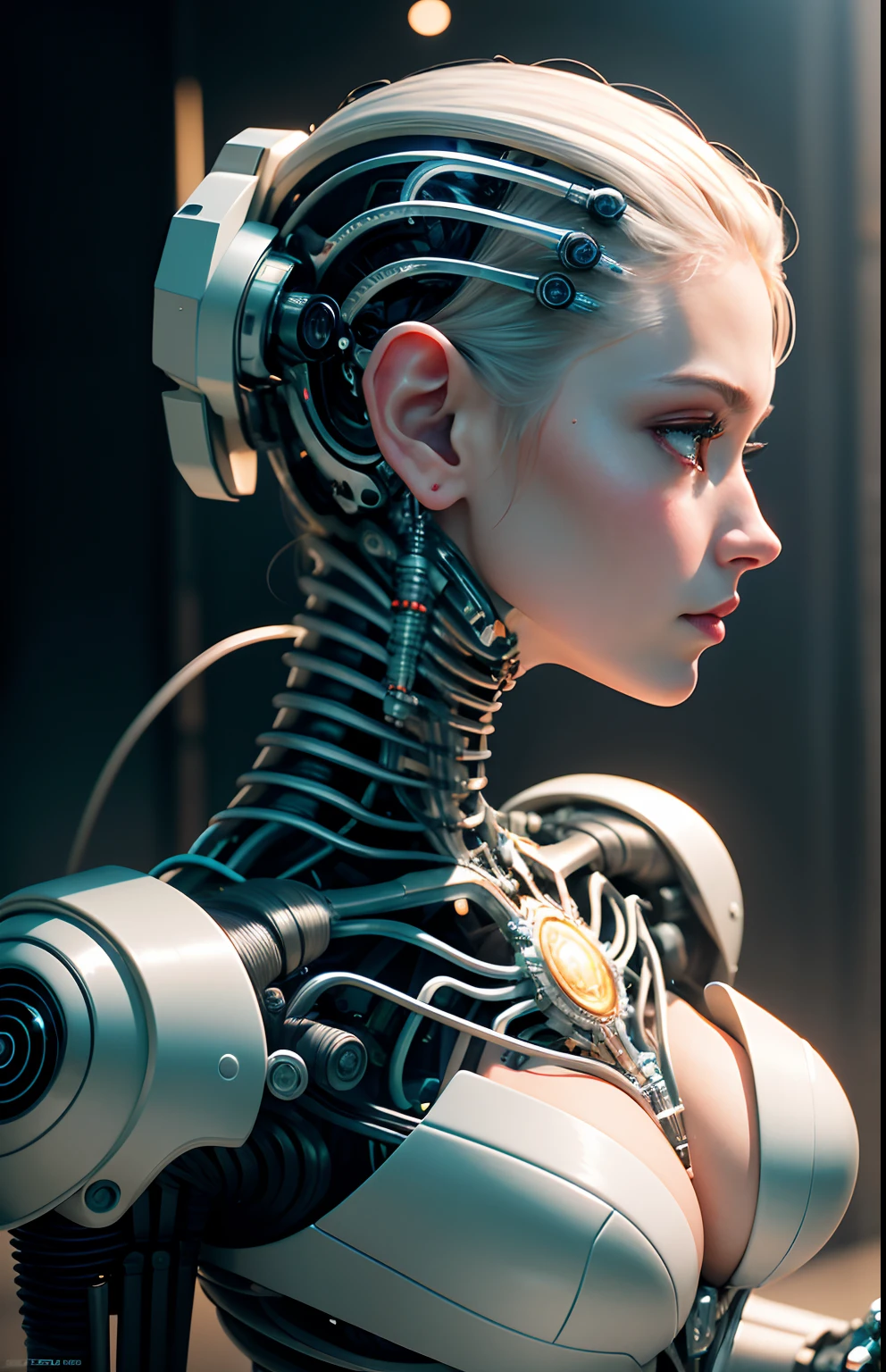 complex 3d render ultra detailed of a beautiful porcelain profile woman android face, cyborg, robotic parts, 150 mm, beautiful studio soft light, rim light, vibrant details, luxurious cyberpunk, lace, hyperrealistic, anatomical, facial muscles, cable electric wires, microchip, elegant, beautiful background, octane render, H. R. Giger style, 8k, best quality, masterpiece, illustration, an extremely delicate and beautiful, extremely detailed ,CG ,unity ,wallpaper, (realistic, photo-realistic:1.37),Amazing, finely detail, masterpiece,best quality,official art, extremely detailed CG unity 8k wallpaper, absurdres, incredibly absurdres, robot, silver halmet, full body, sitting