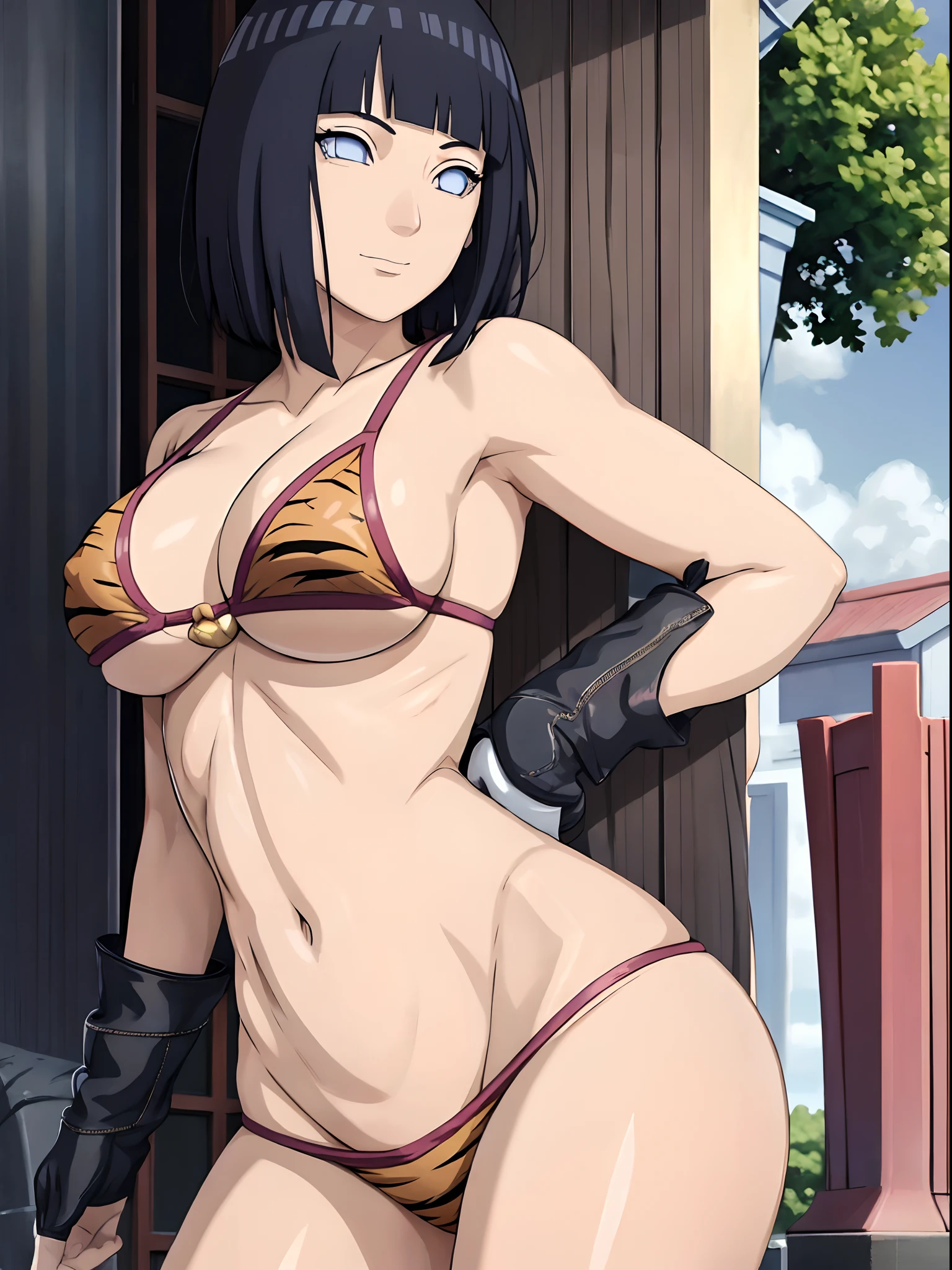 (4k, no angle view, portrait, best quality, cowboy shot), (ultra detailed body, curvy), ((solo, 1 girl)), anime style, hires, ((white background)), (hinata\(boruto\), (female wrestler), (slender body, broad shoulders), (mature woman, milf), (tigress, micro bikini, ultra detailed pro wrestling gear, long gloves, long boots), (extremely gorgeous), (tilt head, seductive look, ((seductive pose, armpit, stretching)), seductive face, seductive expression, (sexy expression), smile, closed mouth), (pale skin, shiny skin, lighting and shadow), (dark blue hair color:1.1), wavy hair, ((short hair, hime cut, (floating hair)), (big breasts, defined breasts), ((detailed arm curves, little biceps)), (long belly, bruised belly), (very seductive), (perfect eyes, anime eyes)