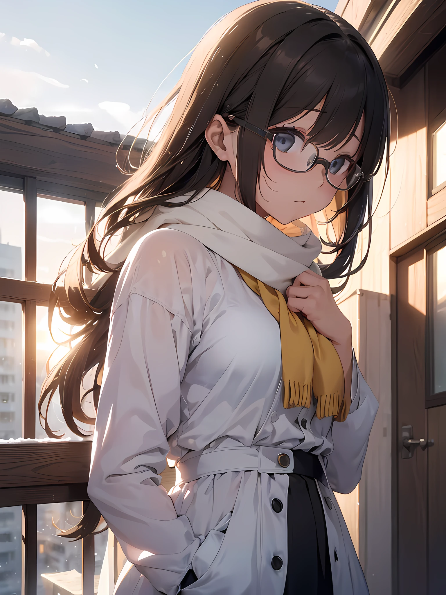Girl in profile using glasses, light hair and delicate light yellow highlights, leaning on the balcony of her house observing the landscape, wearing a large white scarf, blowing cold smoke coming out of her mouth, snow, Winter, photography, (ultra -realistic), {extremely detailed 8k CG unity wallpaper}, expansive landscape photography, (a low angle view that prioritizes the elegance of scenery details, wide open field view), (low angle shot), ( high light: 1.0), (low light: 1.0), (warm light source: 1.5), complex details, (iridescent colors: 1.7), (bright lighting), (atmospheric lighting), dreamy, elegant, modern, current