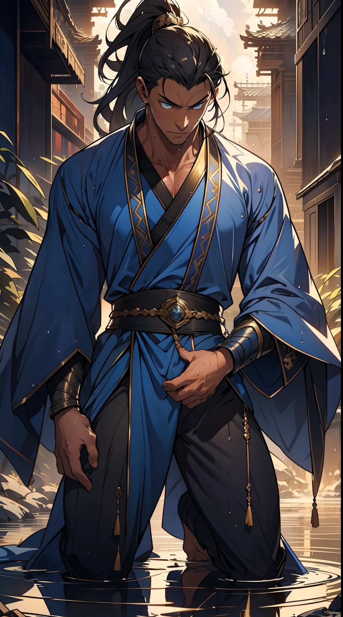 quadratic element,style of anime,mtu(Male Warrior),The proportions are correct,Face details,swordsmen,High ponytail hairstyle,Neck details,There is an Adam's apple,Blue suit,kaftan,long blue robes,clothes details,Handing over,longer sleeves,Game quality,Swordsmanship,Light and shadow tracking,Ray traching,detailed glow,cg render,hair detail,Black long hair,blue colored eyes,Handsome,Handsome,(juvenile sense),Clothing is complicated,Perfectcomposition,Refinement,high qulity,higher details,Lots of details,The background is complex,a sense of atmosphere, 1 man,is shy,Pee on the legs,pissing,Urine runs down the thighs,embarressed,exhilarated,is shocked,panicking,worry,A small puddle of their own urine forms around the feet,full bodyesbian,kneels on the ground,Very eager to pee,It's uncomfortable,Wet yourself,Urine discharge, Sweaty crotch,Drenched,