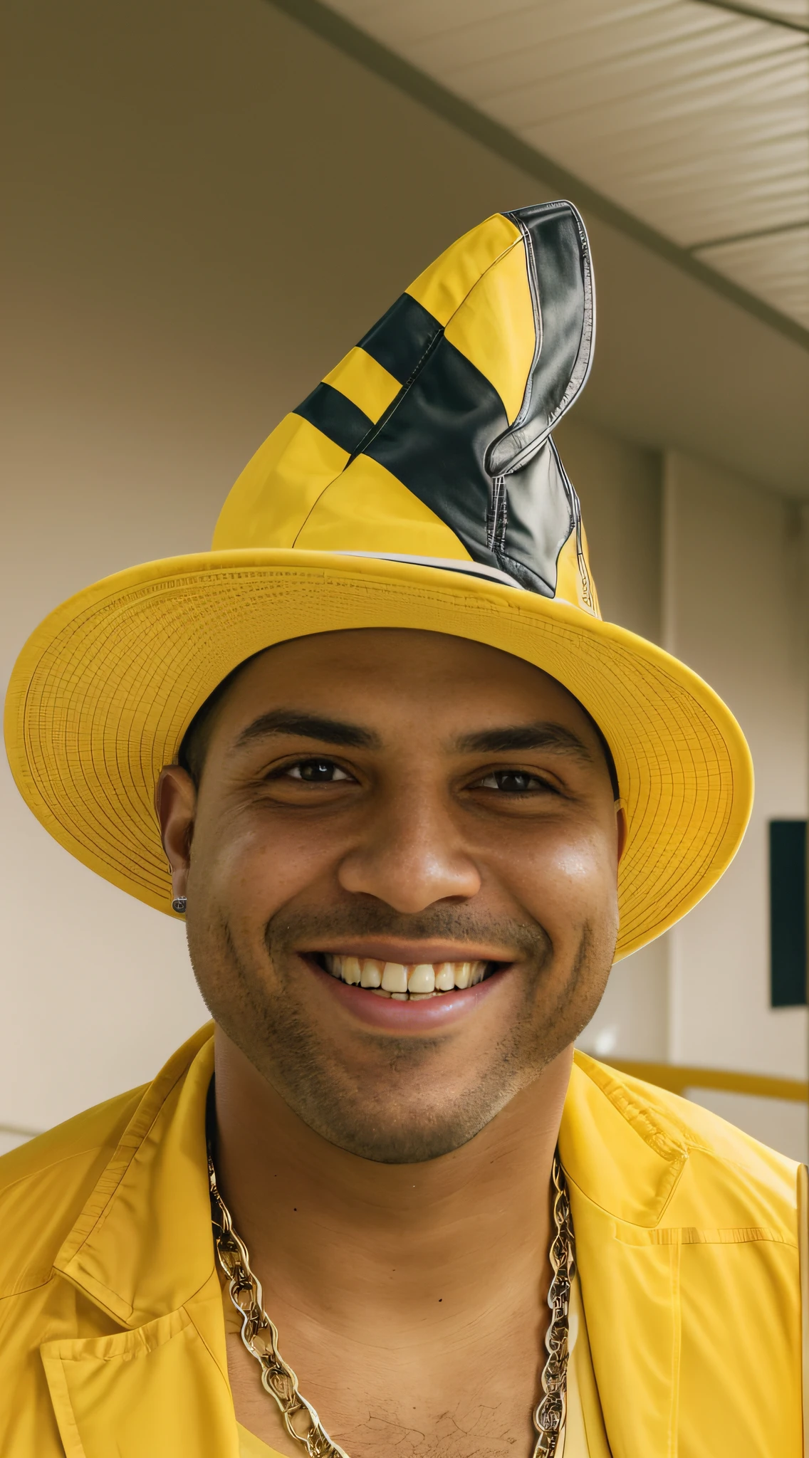 Man in yellow jacket and black hat smiling, taken in the early 2020s, Ronaldo Nazario, taken in the late 2010s, Phenomenon Ronaldo Nazario, caio santos, imagem do avatar, andre shulze, muito ligeiramente sorridente, andy worhol, Sorriso doentio, album photo, 2 8 anos