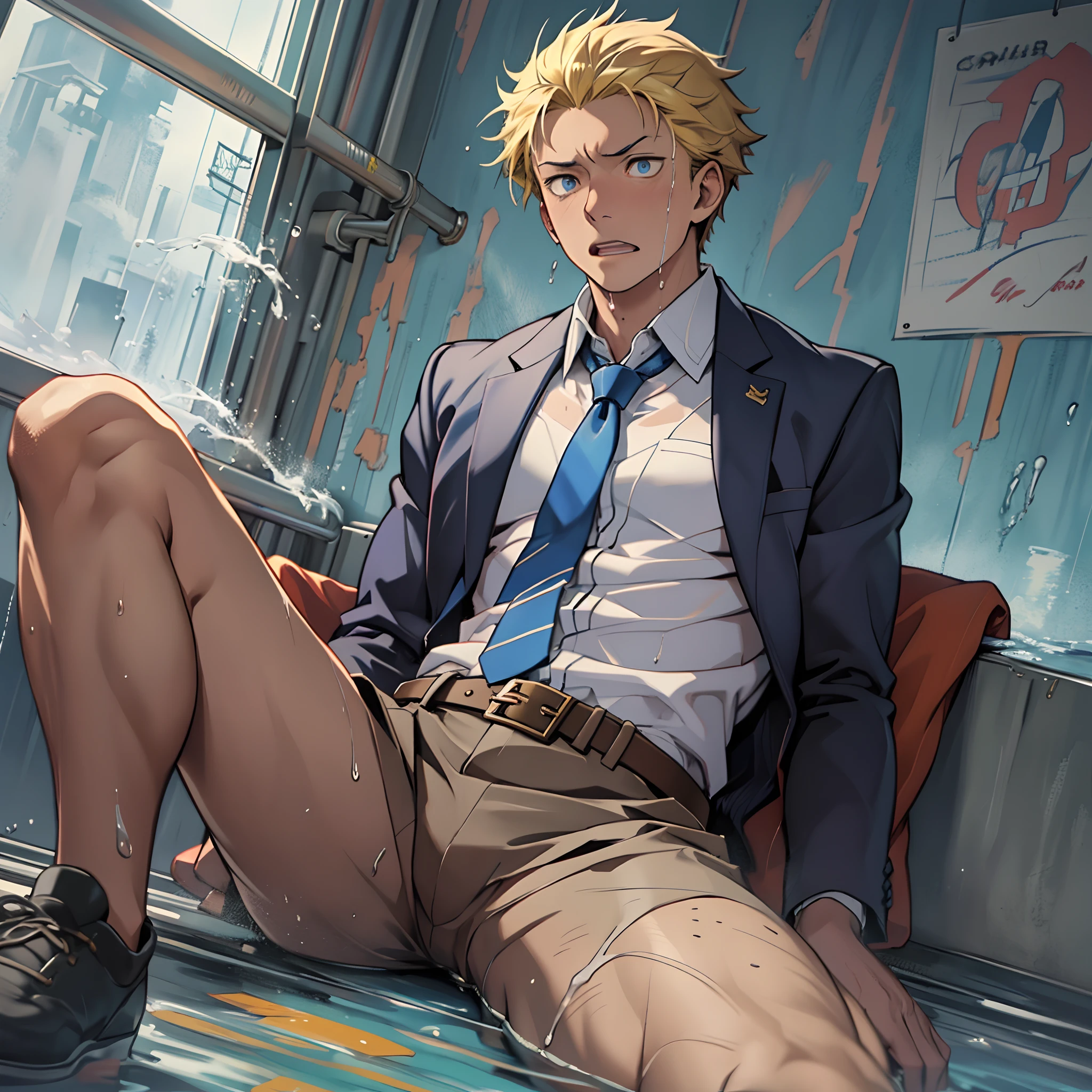 （1 Adult male），A high resolution， Sharp focus， Pixiv masterpiece， （（Complicated details））， highly  detailed， natsuki_subaru， 1 man，perfect male figure，Urine on the trouser leg， Nervously bow your head，is shy，embarressed，exhilarated，is shocked，panicking，worry，A pool of urine formed around him，Very eager to pee，Unbearable，Wet yourself，Urine discharge，full bodyesbian，sit astride，Tired，decadent， blue color eyes（eyes glowing）， Short yellow hair，white  shirt，Wear a tie，Wear a belt，trousers，perspire，Drenched，Get wet，pissing，urine flows down the pants，look from down