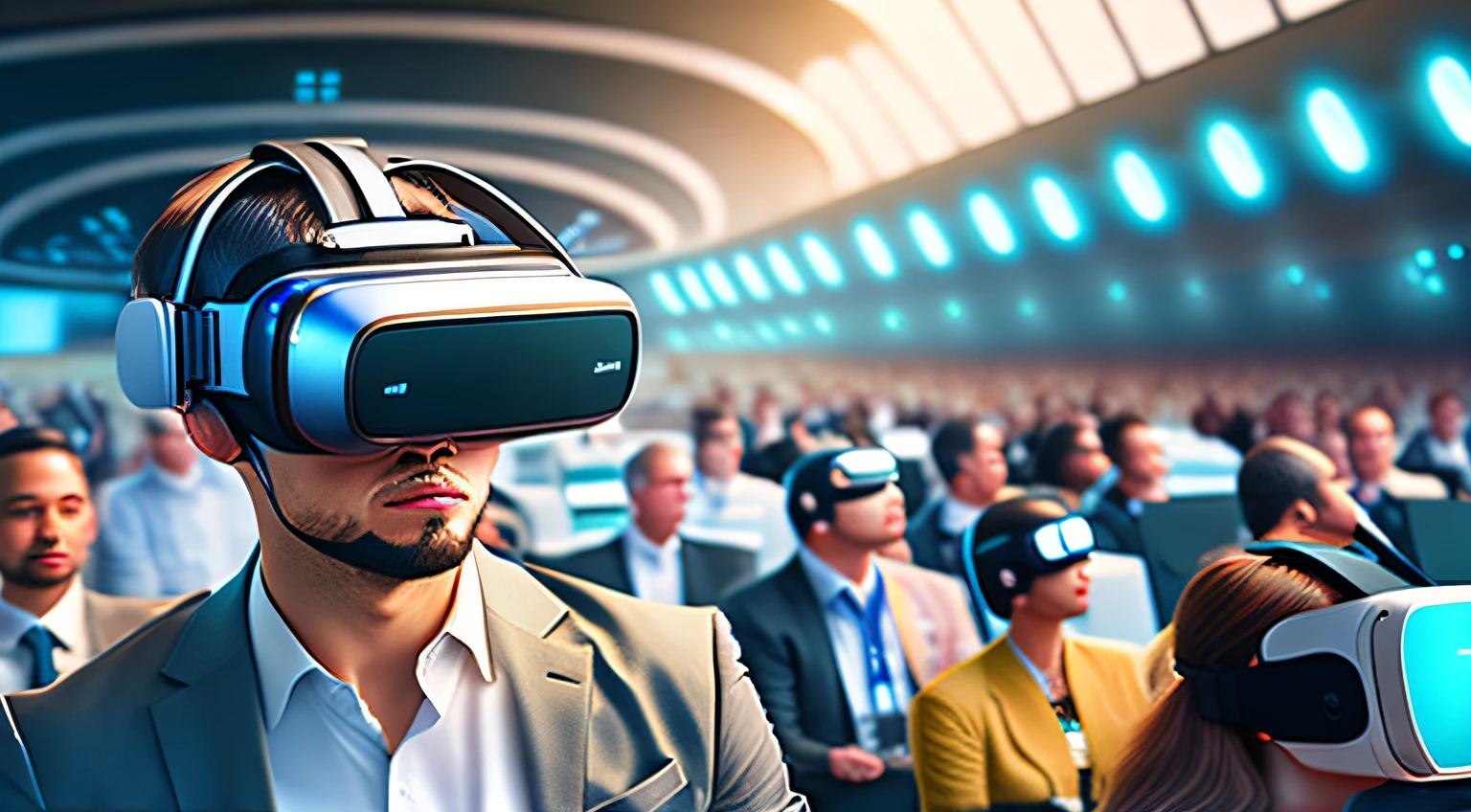 Large meetings、A lot of viewers wearing VR headsets、sense of science and technology、Futuristic，人物，Quality details，epcot，cyber punk perssonage
