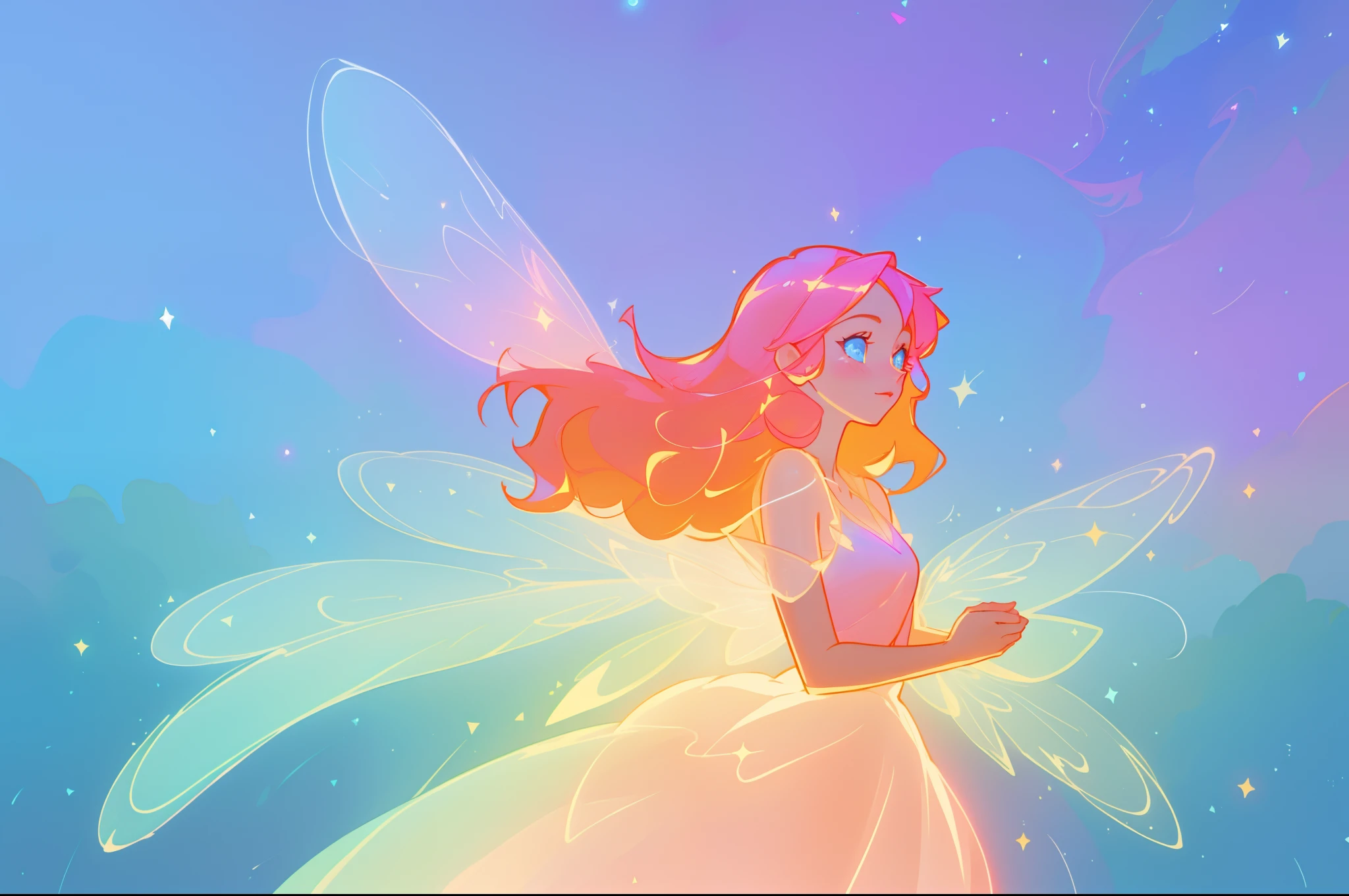 beautiful girl in sparkling glowing dress, glowing fairy wings, inspired by Glen Keane, inspired by Lois van Baarle, disney art style, by Lois van Baarle, glowing aura around her, by Glen Keane, jen bartel, glowing lights! digital painting, flowing glowing hair, glowing flowing hair, beautiful digital illustration, fantasia background, whimsical, magical, fantasy, beautiful face, masterpiece, best quality