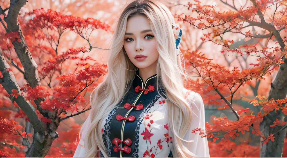 32K autumn view(tmasterpiece,k hd,hyper HD,32K)Long flowing black hair,ponds,zydink, a color, Autumn (Sensual girl), (Blue and white silk scarf), Combat posture, looking at the ground, long whitr hair, Floating hair, Carp pattern headdress, Chinese long-sleeved cheongsam, (Abstract gouache splash:1.2), Pink petal background,Pink and white autumn sunset leaves fly(realisticlying:1.4),Black color hair,Fallen leaves flutter,The background is pure, A high resolution, the detail, RAW photogr, Sharp Re, Nikon D850 Film Stock Photo by Jefferies Lee 4 Kodak Portra 400 Camera F1.6 shots, Rich colors, ultra-realistic vivid textures, Dramatic lighting, Unreal Engine Art Station Trend, cinestir 800,Long flowing black hair,Bright clothes