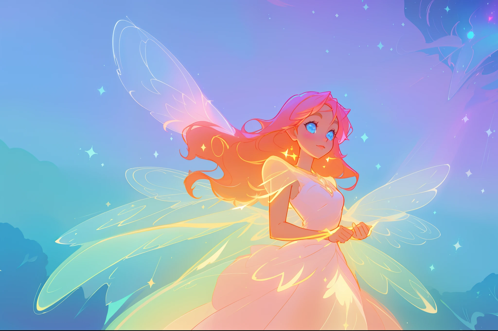 beautiful girl in sparkling glowing dress, glowing fairy wings, inspired by Glen Keane, inspired by Lois van Baarle, disney art style, by Lois van Baarle, glowing aura around her, by Glen Keane, jen bartel, glowing lights! digital painting, flowing glowing hair, glowing flowing hair, beautiful digital illustration, fantasia background, whimsical, magical, fantasy, beautiful face, masterpiece, best quality