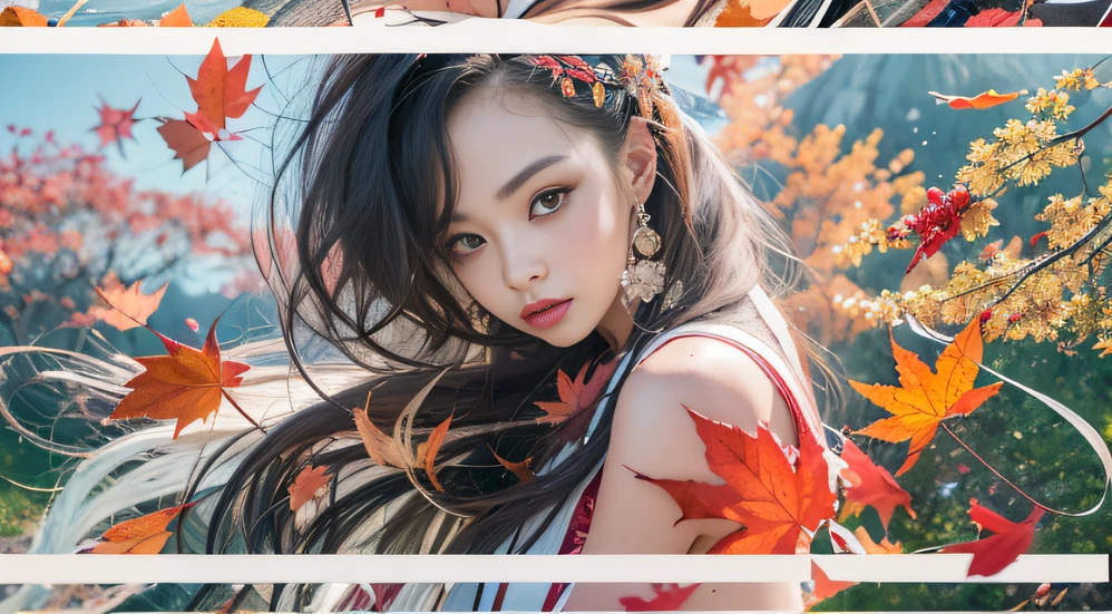 32K autumn view(tmasterpiece,k hd,hyper HD,32K)Long flowing black hair,ponds,zydink, a color, Autumn (Sensual girl), (Blue and white silk scarf), Combat posture, looking at the ground, long whitr hair, Floating hair, Carp pattern headdress, Chinese long-sleeved cheongsam, (Abstract gouache splash:1.2), Pink petal background,Pink and white autumn sunset leaves fly(realisticlying:1.4),Black color hair,Fallen leaves flutter,The background is pure, A high resolution, the detail, RAW photogr, Sharp Re, Nikon D850 Film Stock Photo by Jefferies Lee 4 Kodak Portra 400 Camera F1.6 shots, Rich colors, ultra-realistic vivid textures, Dramatic lighting, Unreal Engine Art Station Trend, cinestir 800,Long flowing black hair,Bright clothes