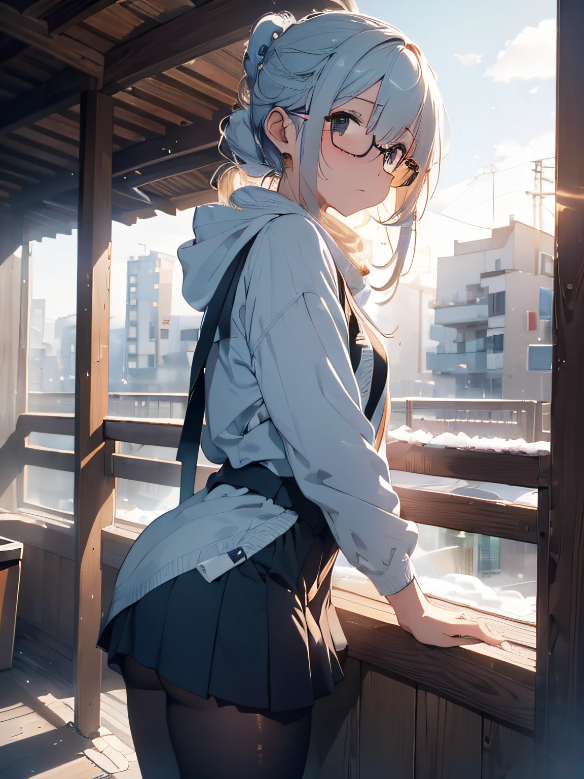 Girl with glasses, Light blue and light yellow hair, Observe the landscape on the balcony of her house, Wearing a big white scarf, Cold smoke coming out of her mouth, Snow, Winters, Meguro River, Photography, (Ultra-realistic), { Extremely Detailed 8k CG Unity Wallpaper}, Vast landscape photos, (Low view in favor of elegance of landscape details, Wide Open Field View), (low angle shot), (highlight: 1, 0), (low illuminance: 1.0), (Warm light source: 1.5), intricate-detail, (Iridescent colors: 1.7), (Bright lighting), (Atmospheric lighting), Dreamy, Elegant, Magical, Solo 1 Ero cunt Pubic hair shows through fishnet tights Mushy with white liquid