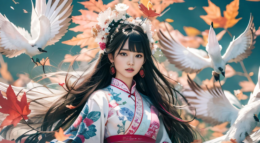 32K autumn view（tmasterpiece，k hd，hyper HD，32K）Long flowing black hair，ponds，zydink， a color， Autumn （Sensual girl）， （Blue and white silk scarf）， Combat posture， looking at the ground， long whitr hair， Floating hair， Carp pattern headdress， Chinese long-sleeved cheongsam， （Abstract gouache splash：1.2）， Pink petal background，Pink and white autumn sunset leaves fly（realisticlying：1.4），Black color hair，Fallen leaves flutter，The background is pure， A high resolution， the detail， RAW photogr， Sharp Re， Nikon D850 Film Stock Photo by Jefferies Lee 4 Kodak Portra 400 Camera F1.6 shots, Rich colors, ultra-realistic vivid textures, Dramatic lighting, Unreal Engine Art Station Trend, cinestir 800，Long flowing black hair，Bright clothes